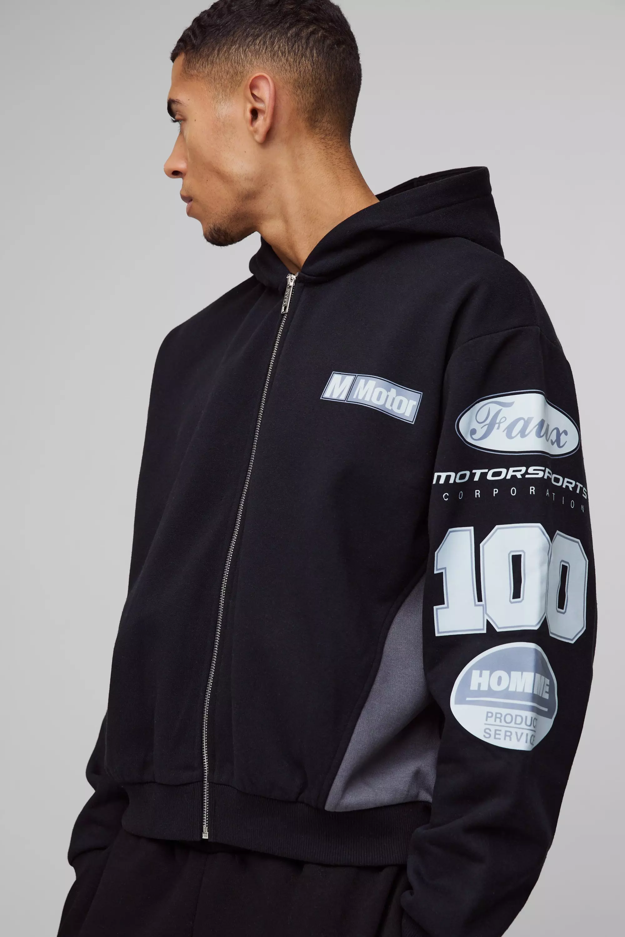 Oversized Boxy Moto Gusset Zip Through Hoodie | boohooMAN USA