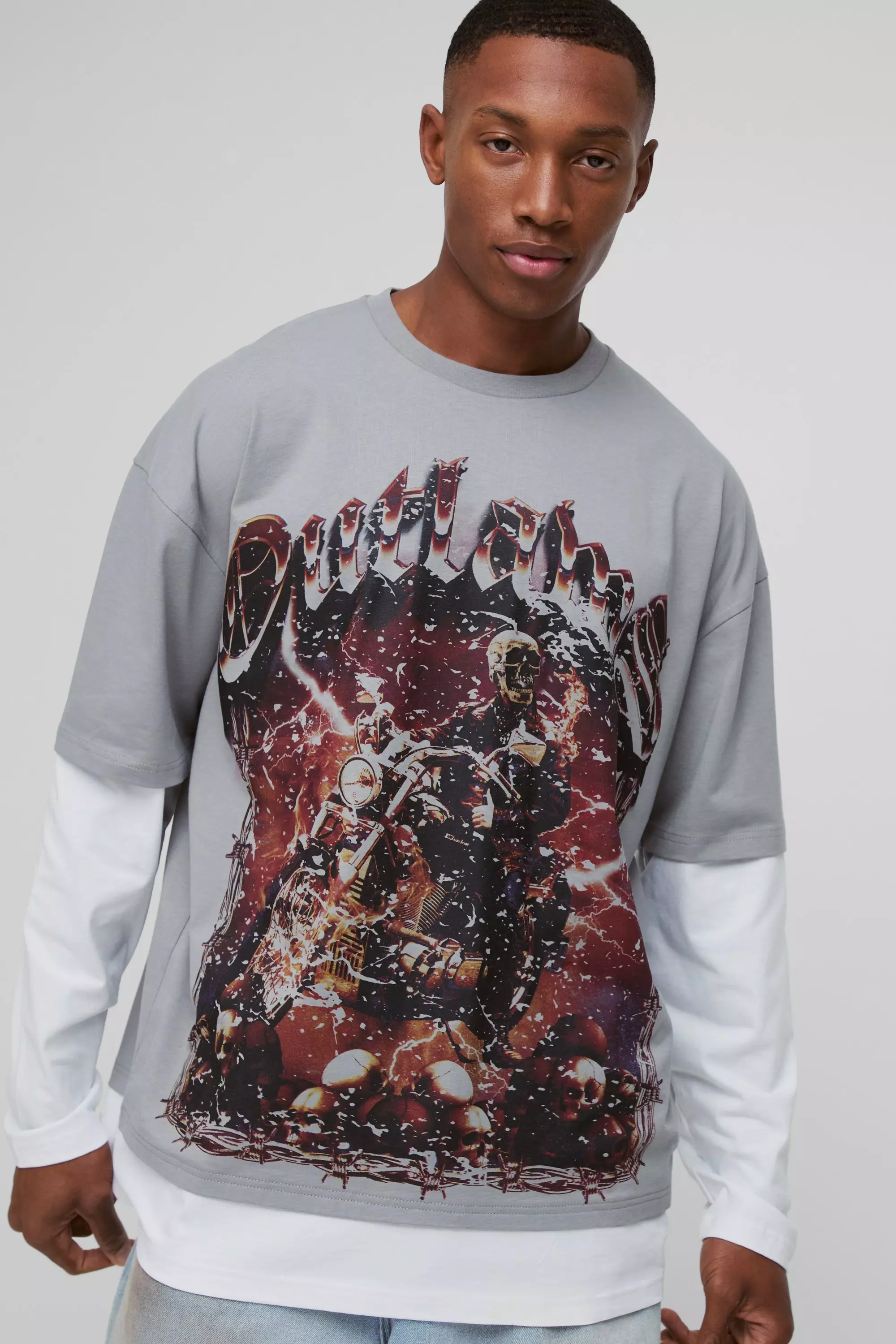 Oversized Outlaws Print Faux Layer Long Sleeve T-Shirt