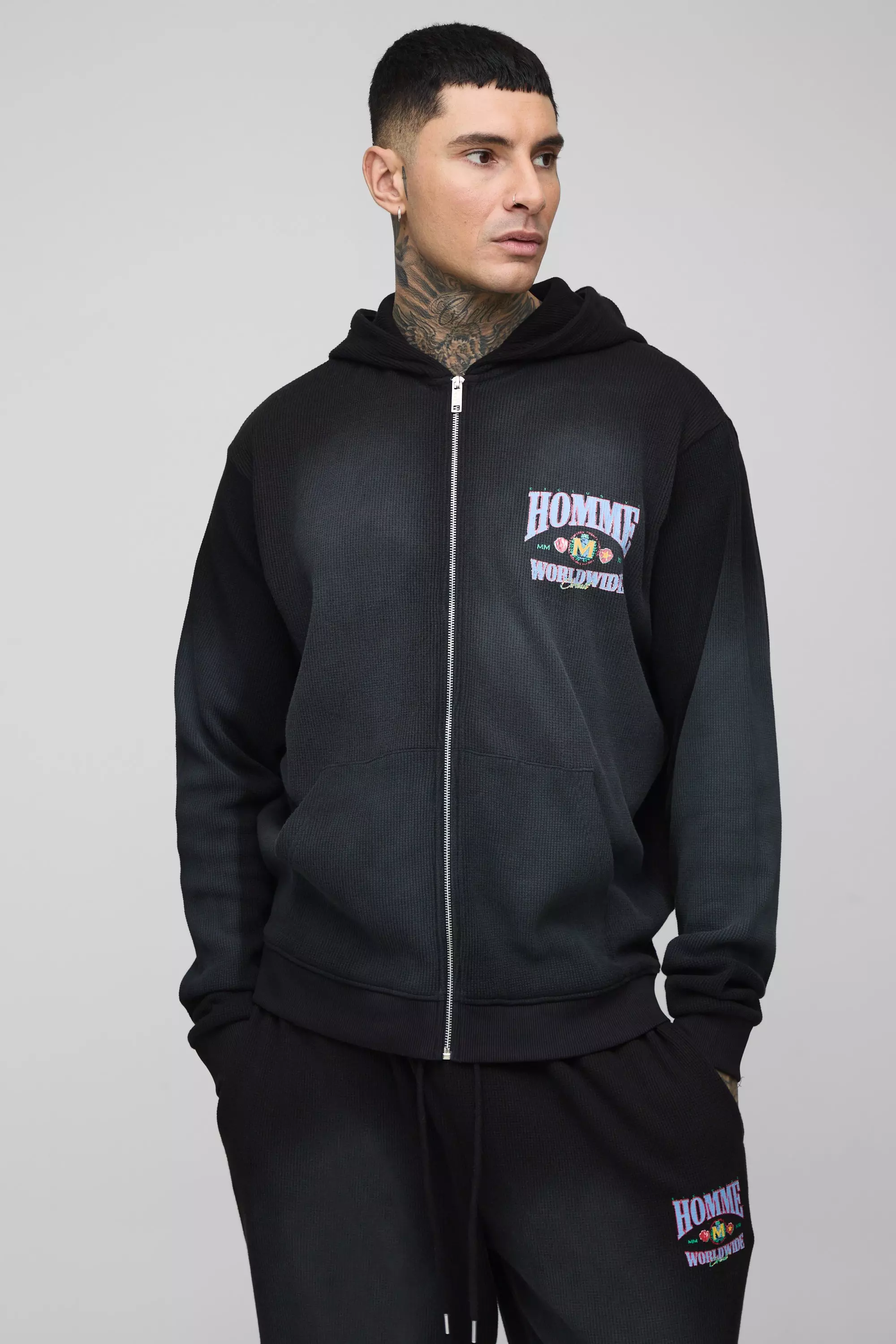 Washed black Tall Spray Wash Waffle Graphic Zip Up Hoodie alternative image
