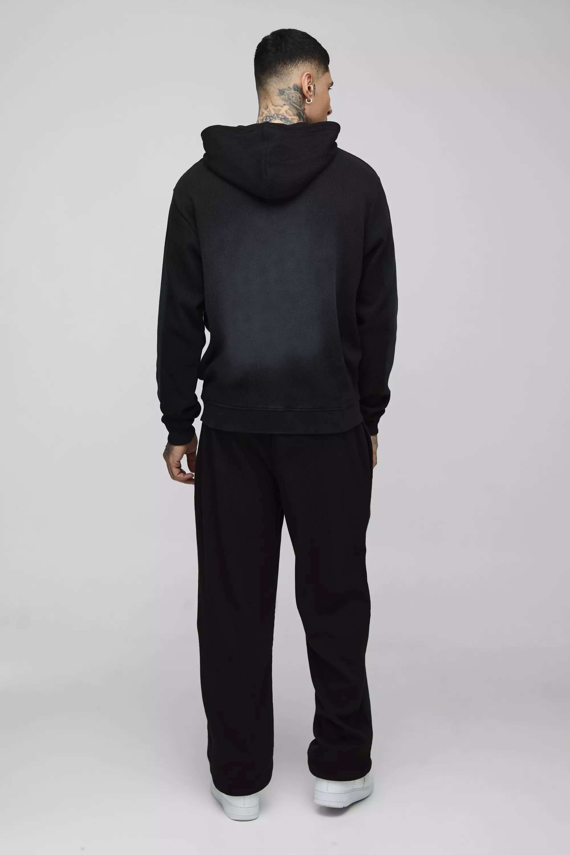 Washed black Tall Spray Wash Waffle Graphic Zip Up Hoodie alternative image