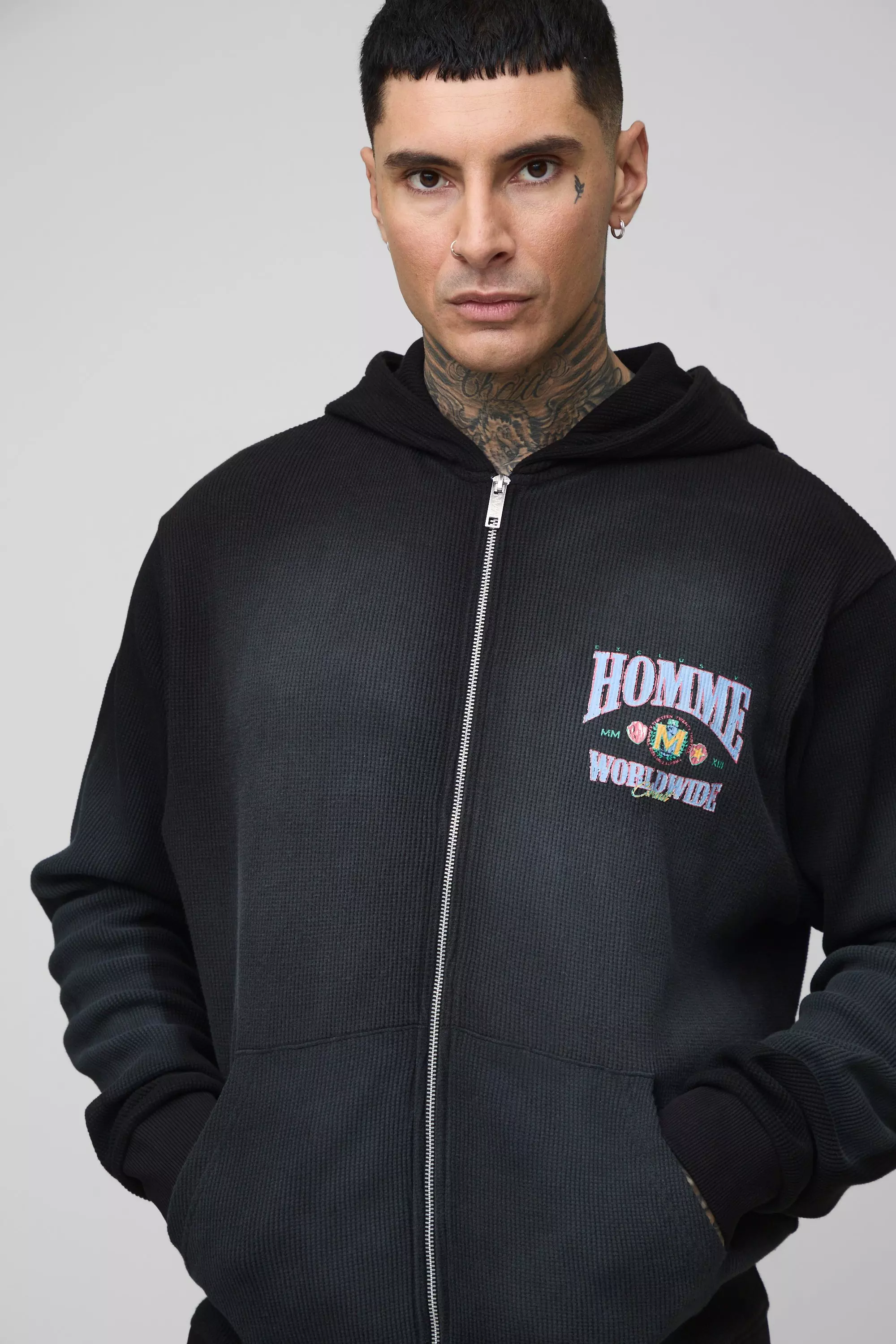 Washed black Tall Spray Wash Waffle Graphic Zip Up Hoodie alternative image
