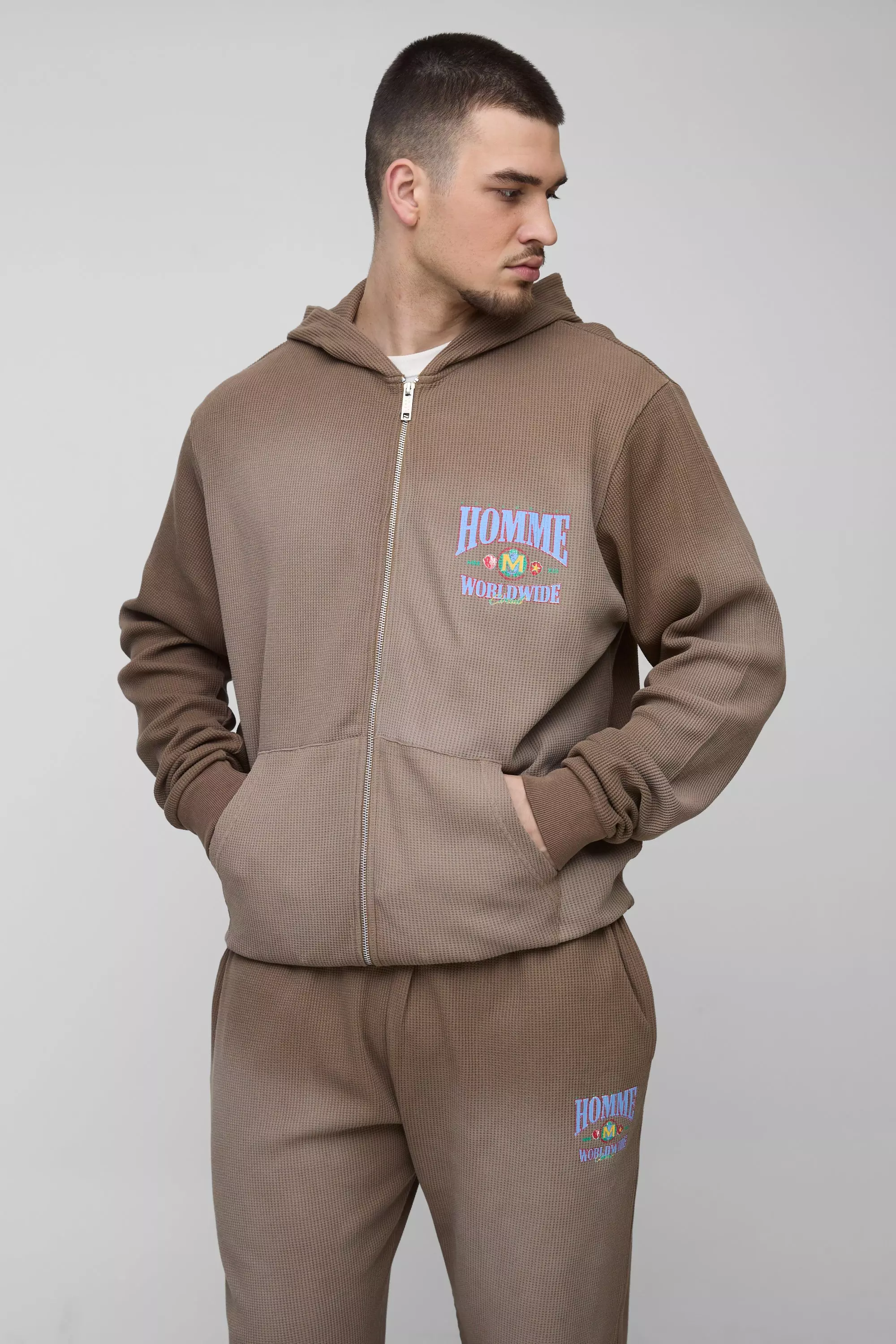 Brown Tall Spray Wash Waffle Graphic Hooded Tracksuit alternative image