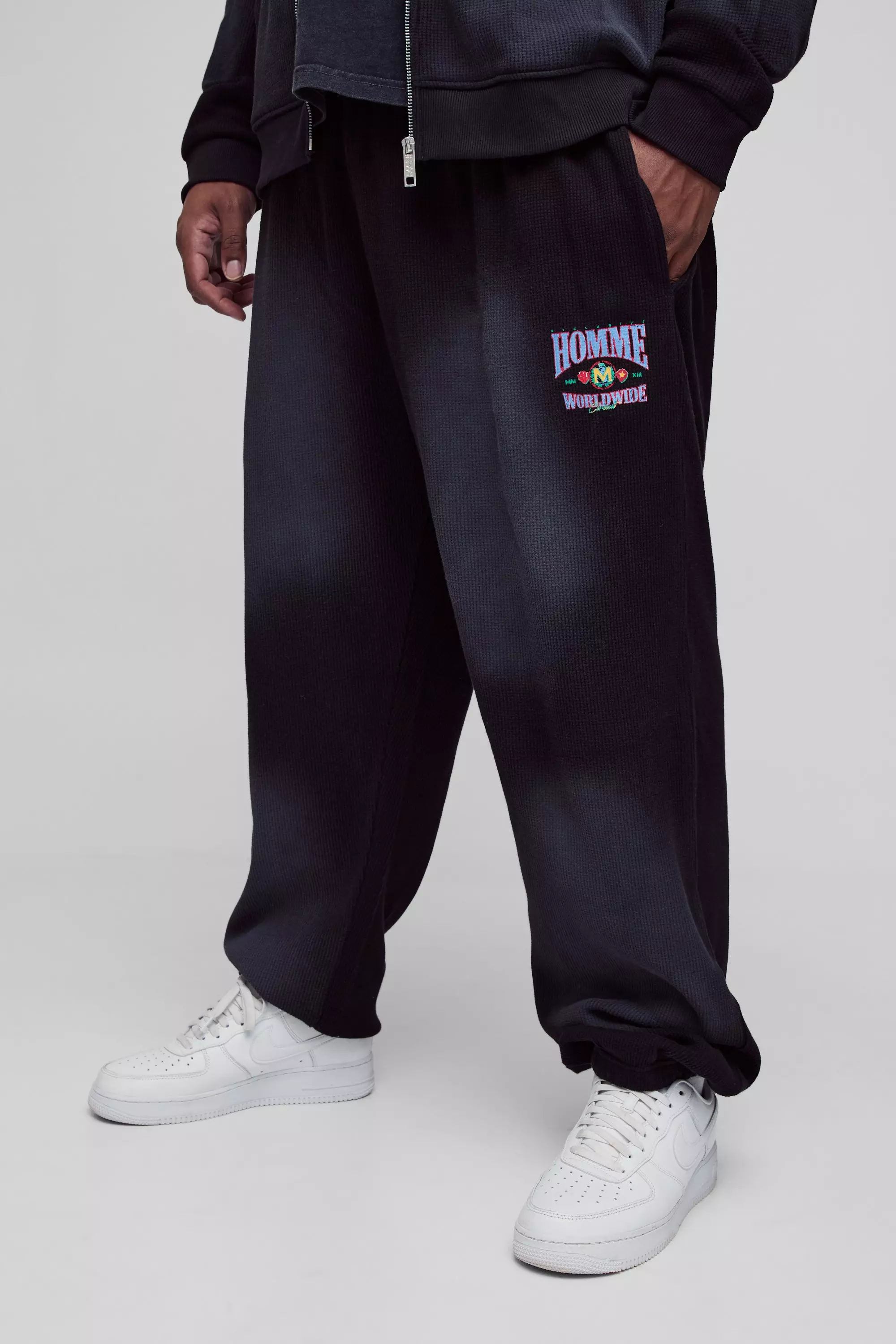 Washed black Plus Spray Wash Waffle Graphic Oversized Joggers alternative image