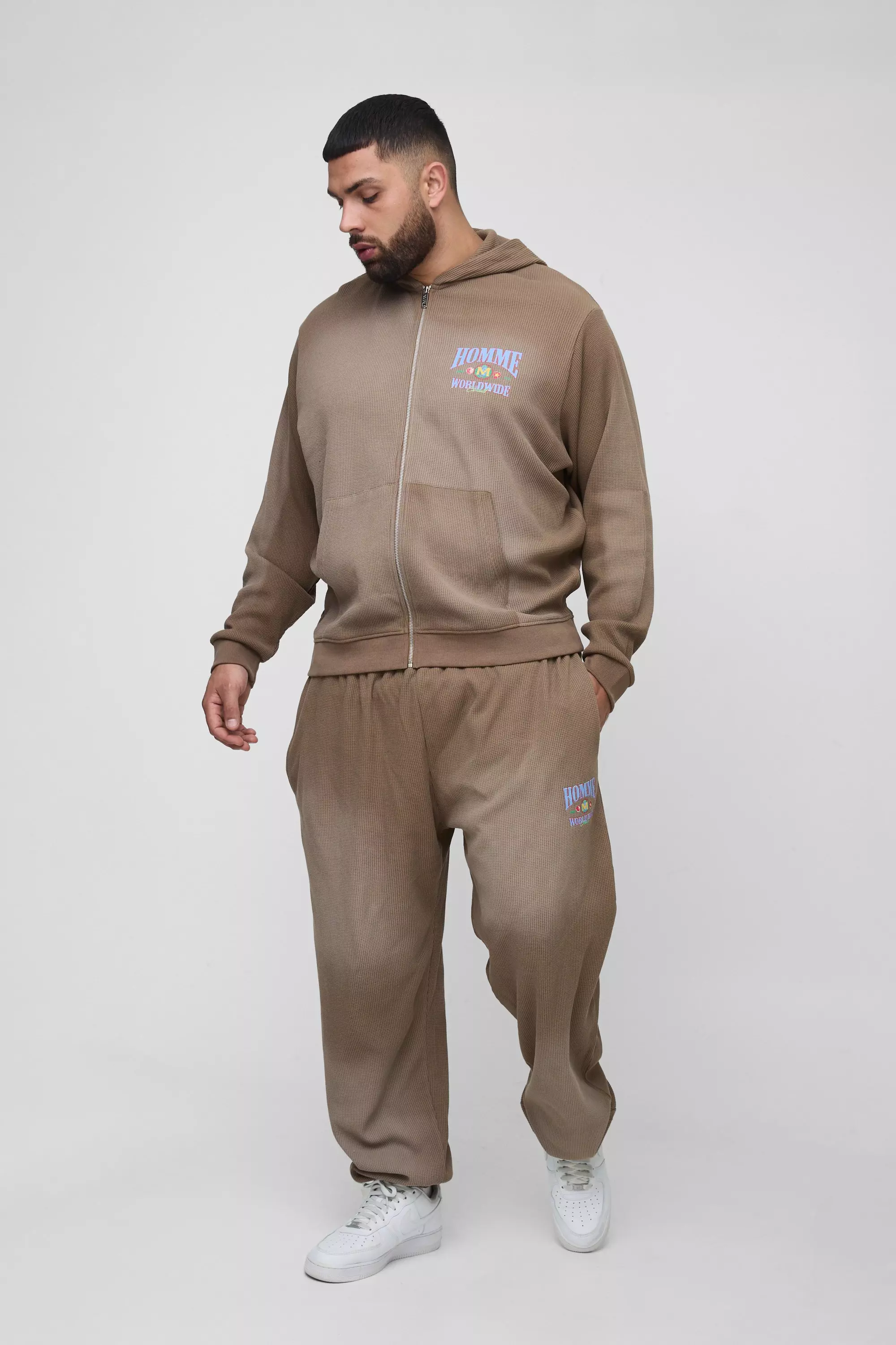 Plus Spray Wash Waffle Graphic Hooded Tracksuit Brown