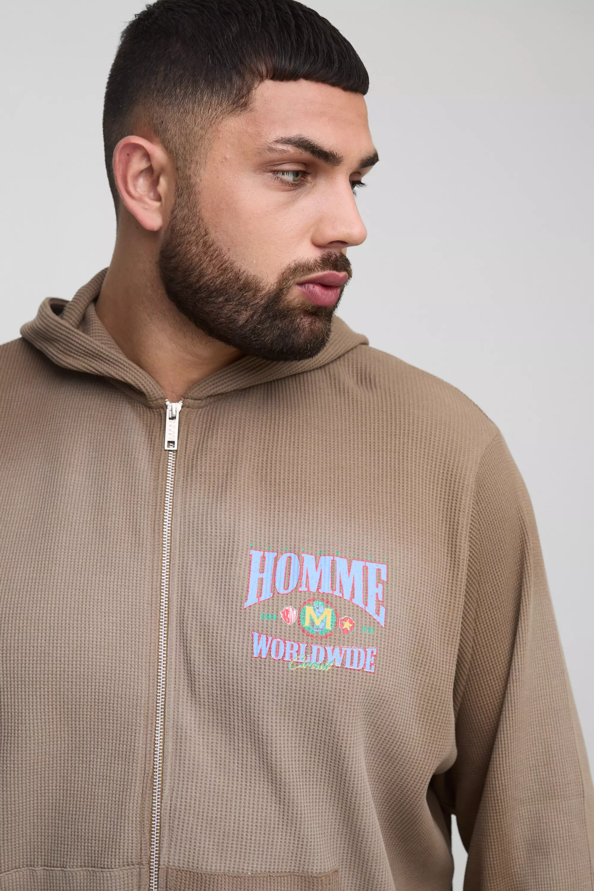 Brown Plus Spray Wash Waffle Graphic Hooded Tracksuit alternative image