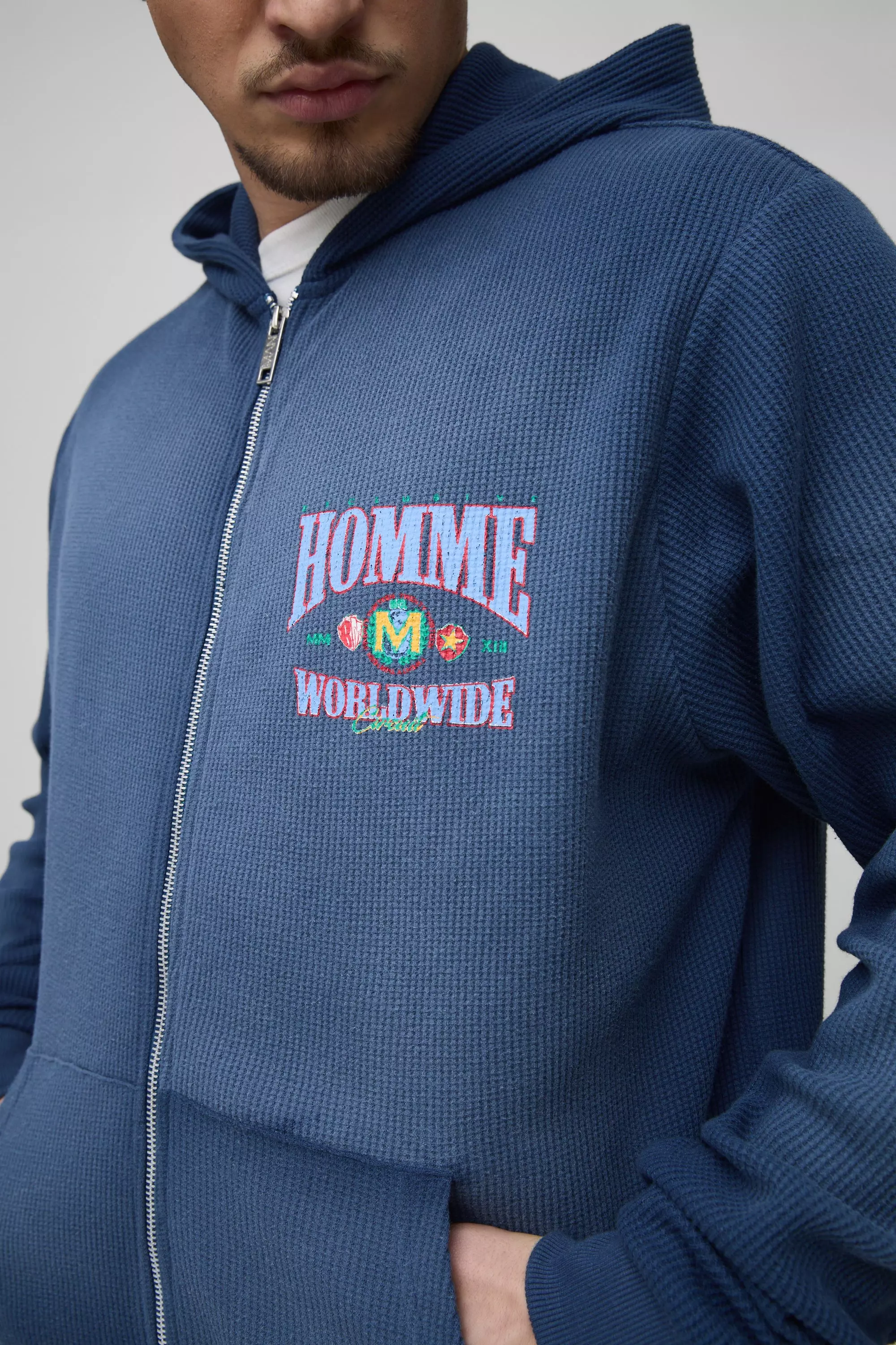 Tall Spray Wash Waffle Graphic Zip Up Hoodie | boohooMAN USA