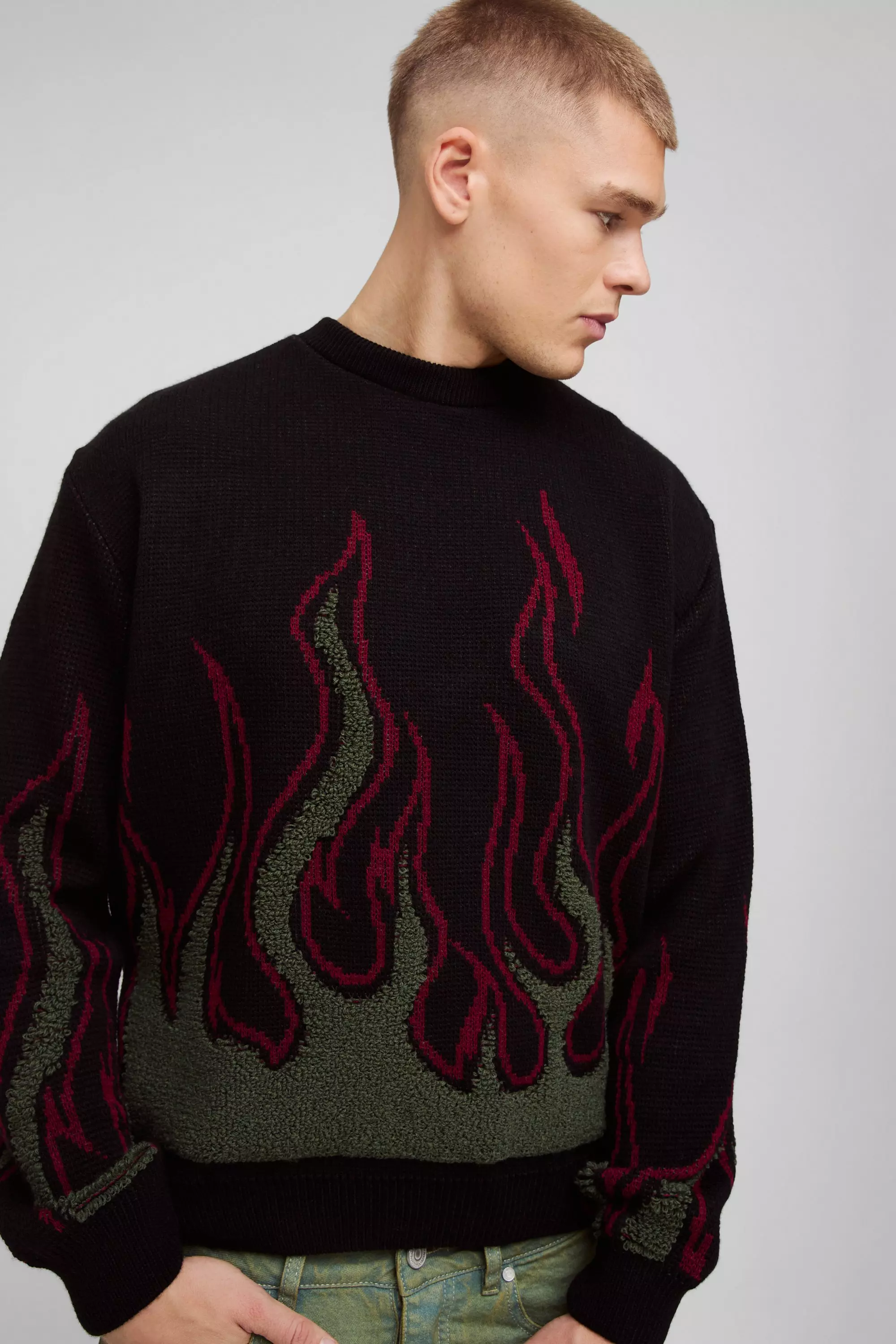 Black Oversized Boxy Flame Textured Knitted Sweater