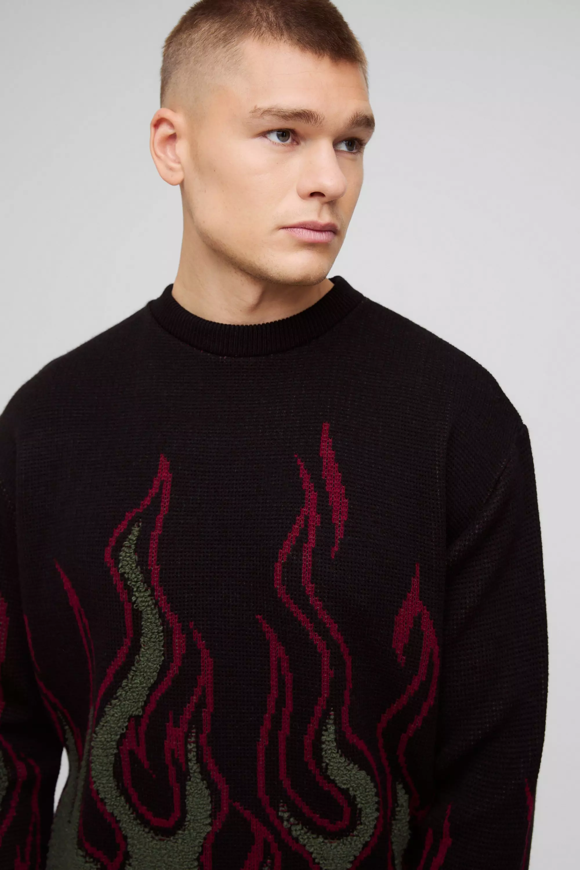 Black Oversized Boxy Flame Textured Knitted Sweater alternative image