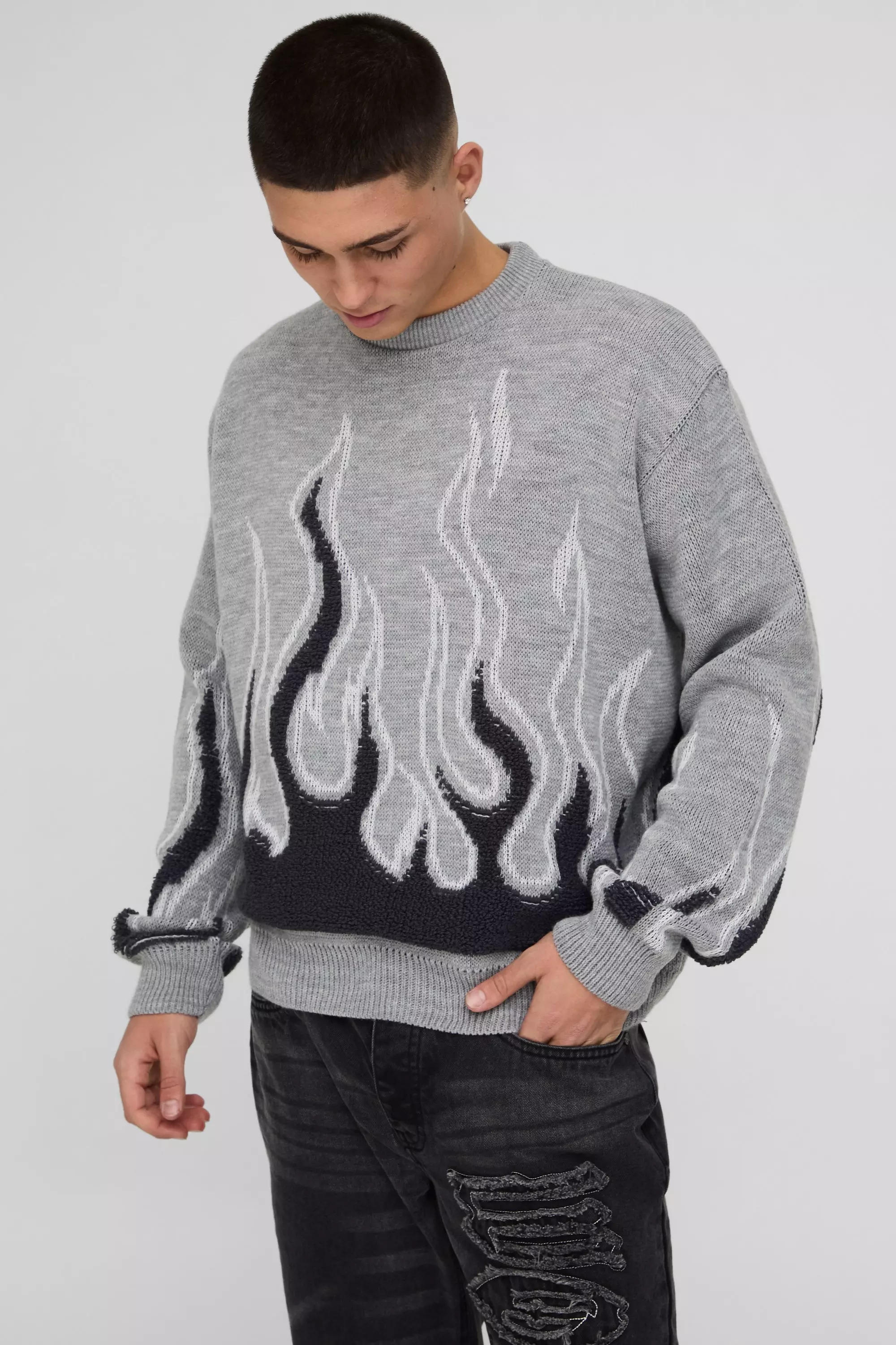 Oversized Boxy Flame Textured Knitted Jumper Grey