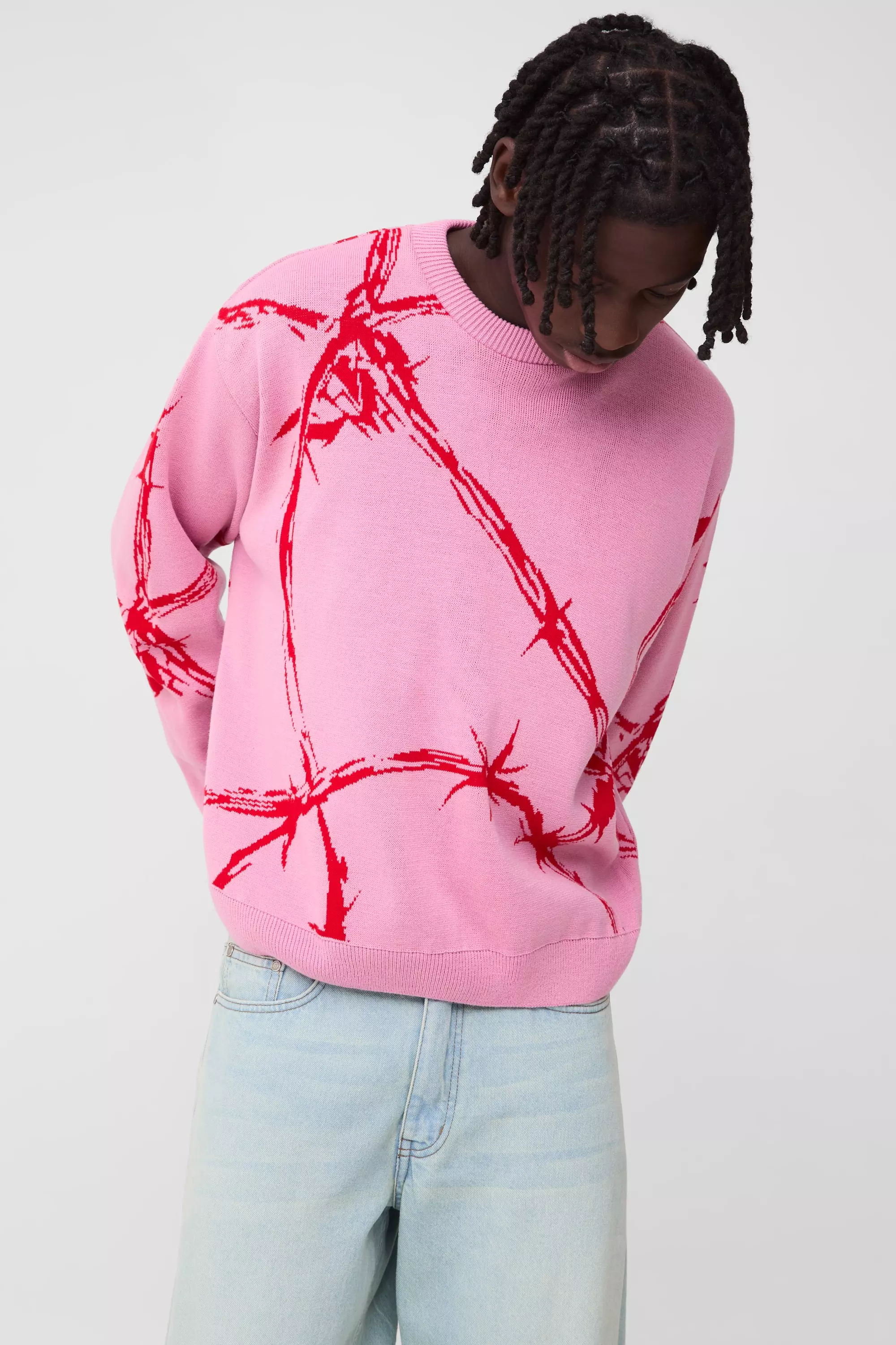 Oversized Boxy Barbed Wire Jacquard Knitted Jumper Pink