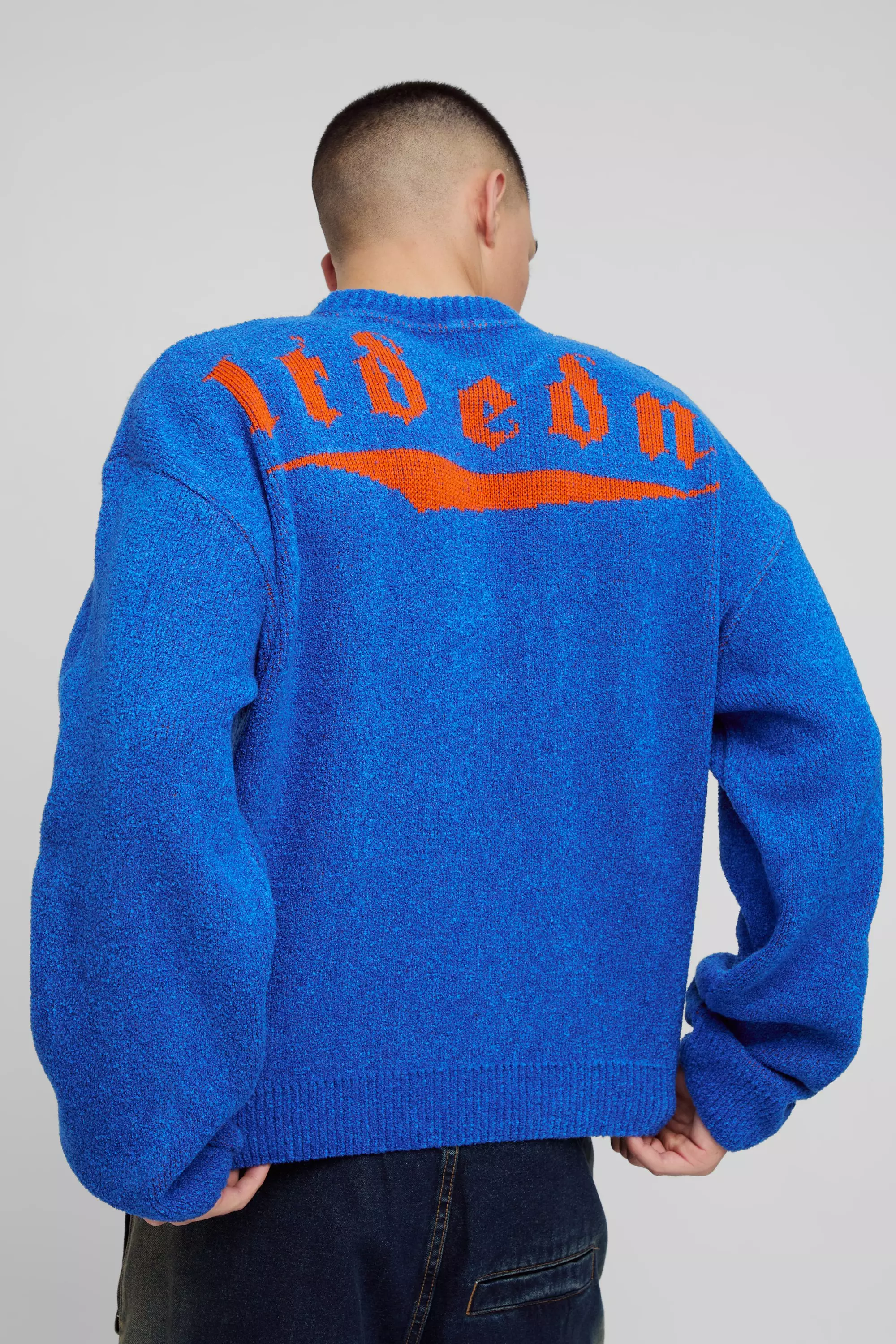 Oversized Fluffy Jacquard Graphic Knitted Sweater Blue