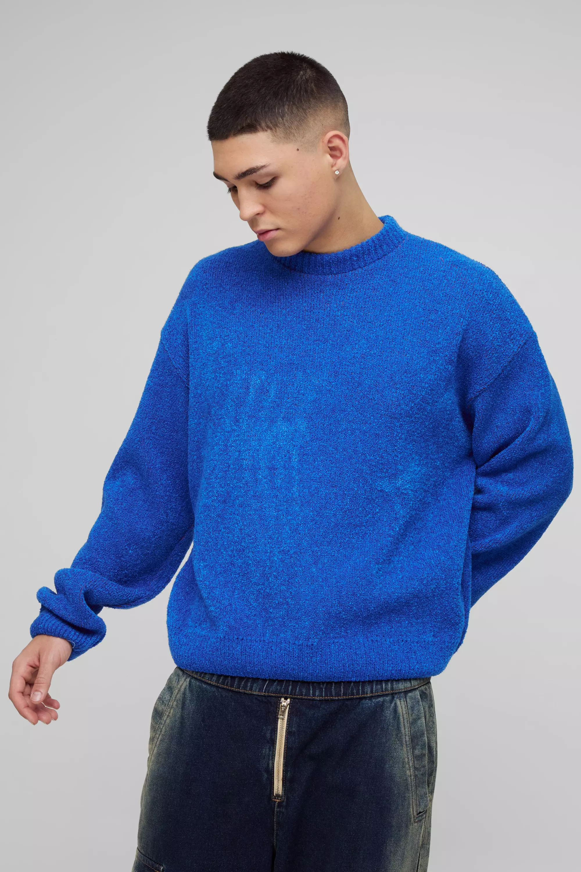 Blue Oversized Fluffy Jacquard Graphic Knitted Jumper alternative image