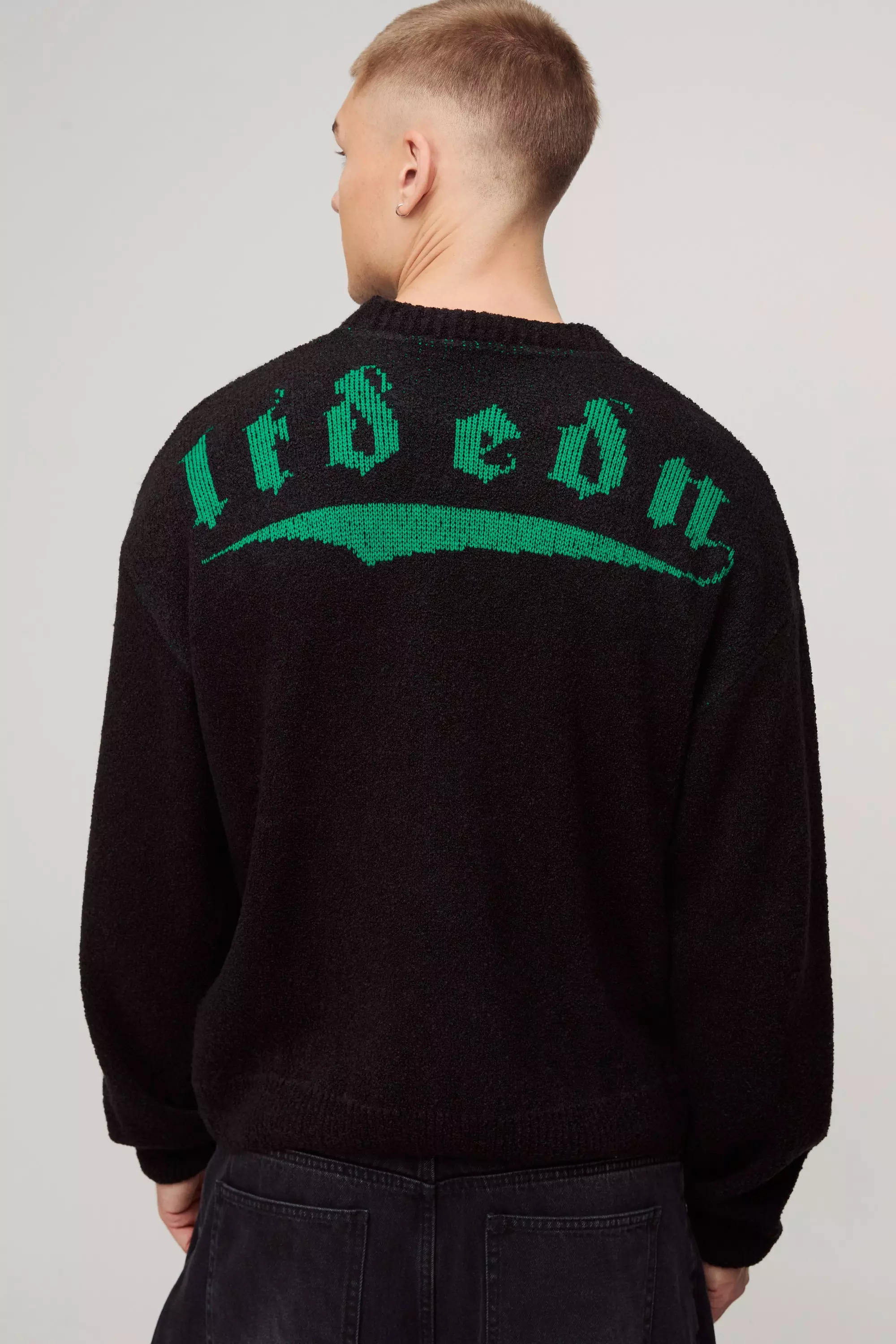 Oversized Fluffy Jacquard Graphic Knitted Sweater Black