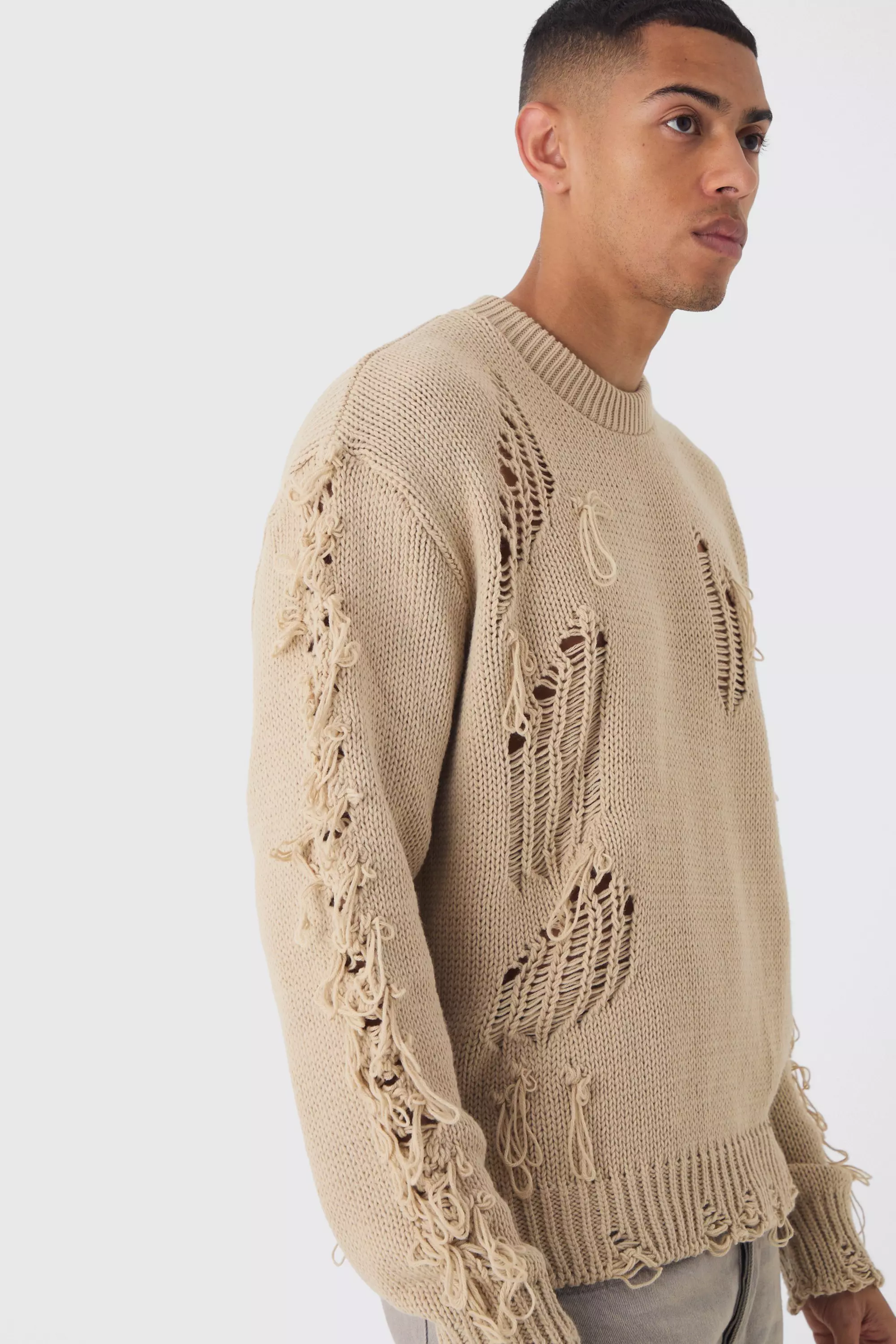 Oversized Distressed Sleeve Knitted Sweater Stone