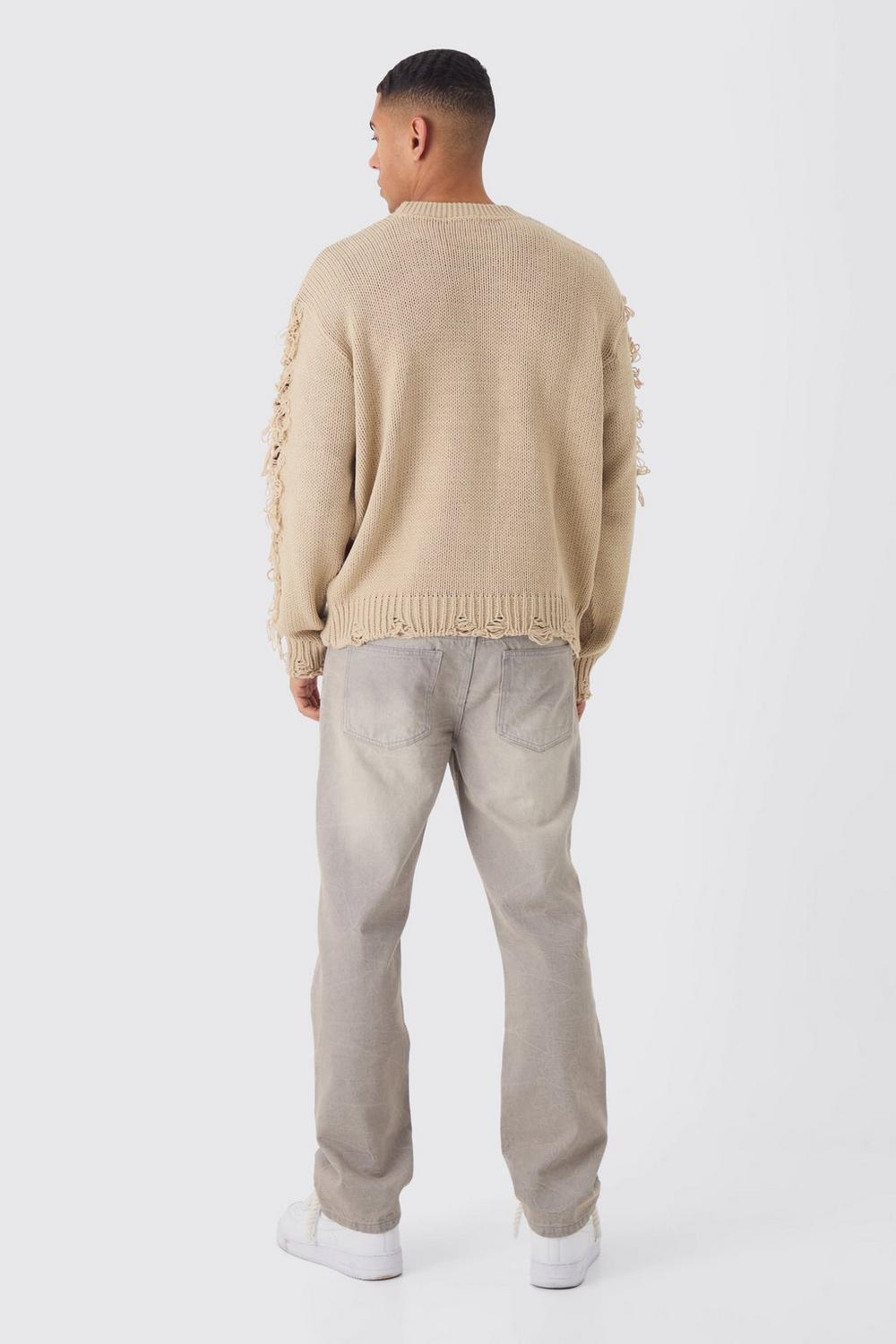 Oversized Distressed Sleeve Knitted Sweater | boohooMAN USA Oversized Distressed Sleeve Knitted Sweater | boohooMAN USA
