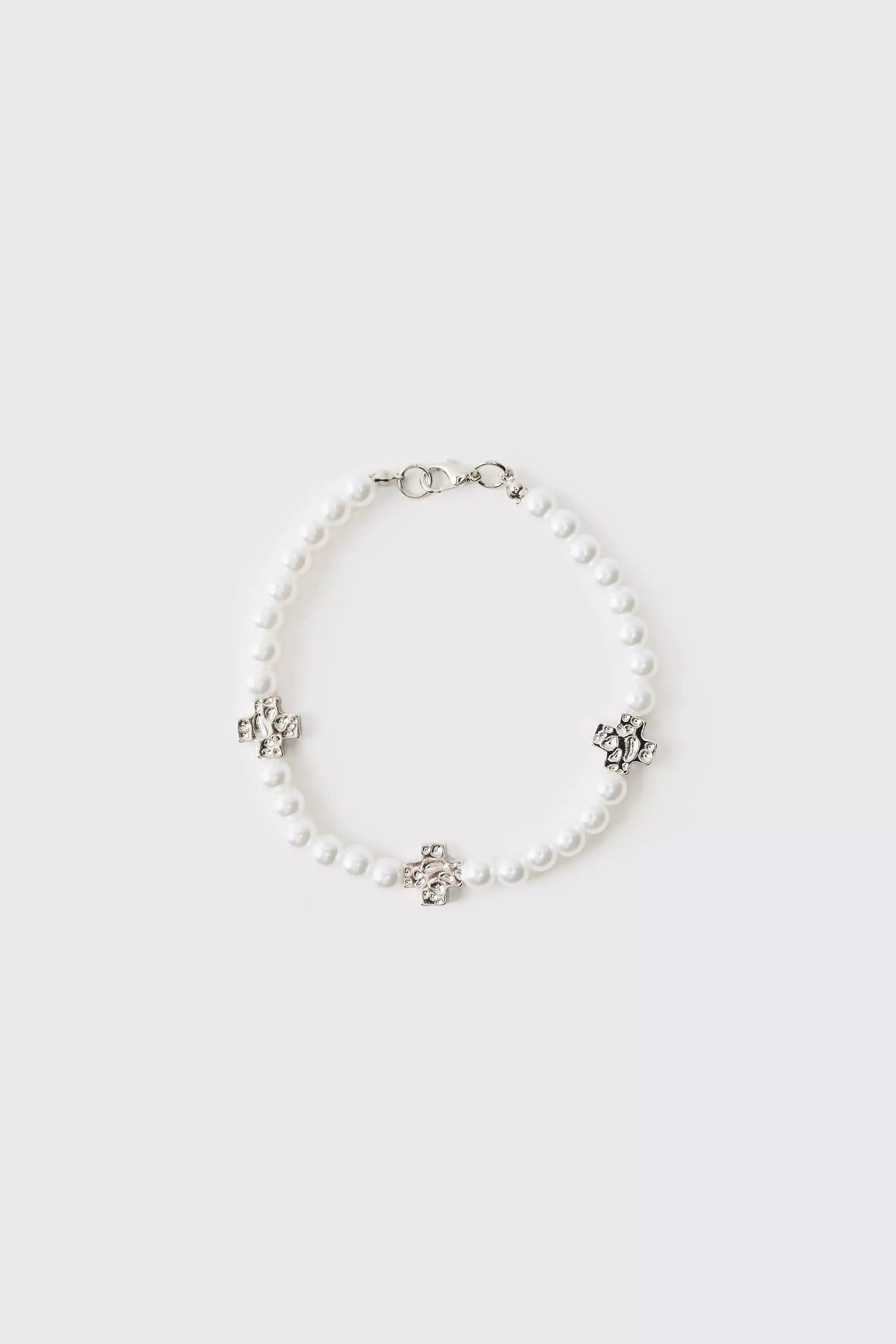 Pearl Bracelet with Cross Charms White