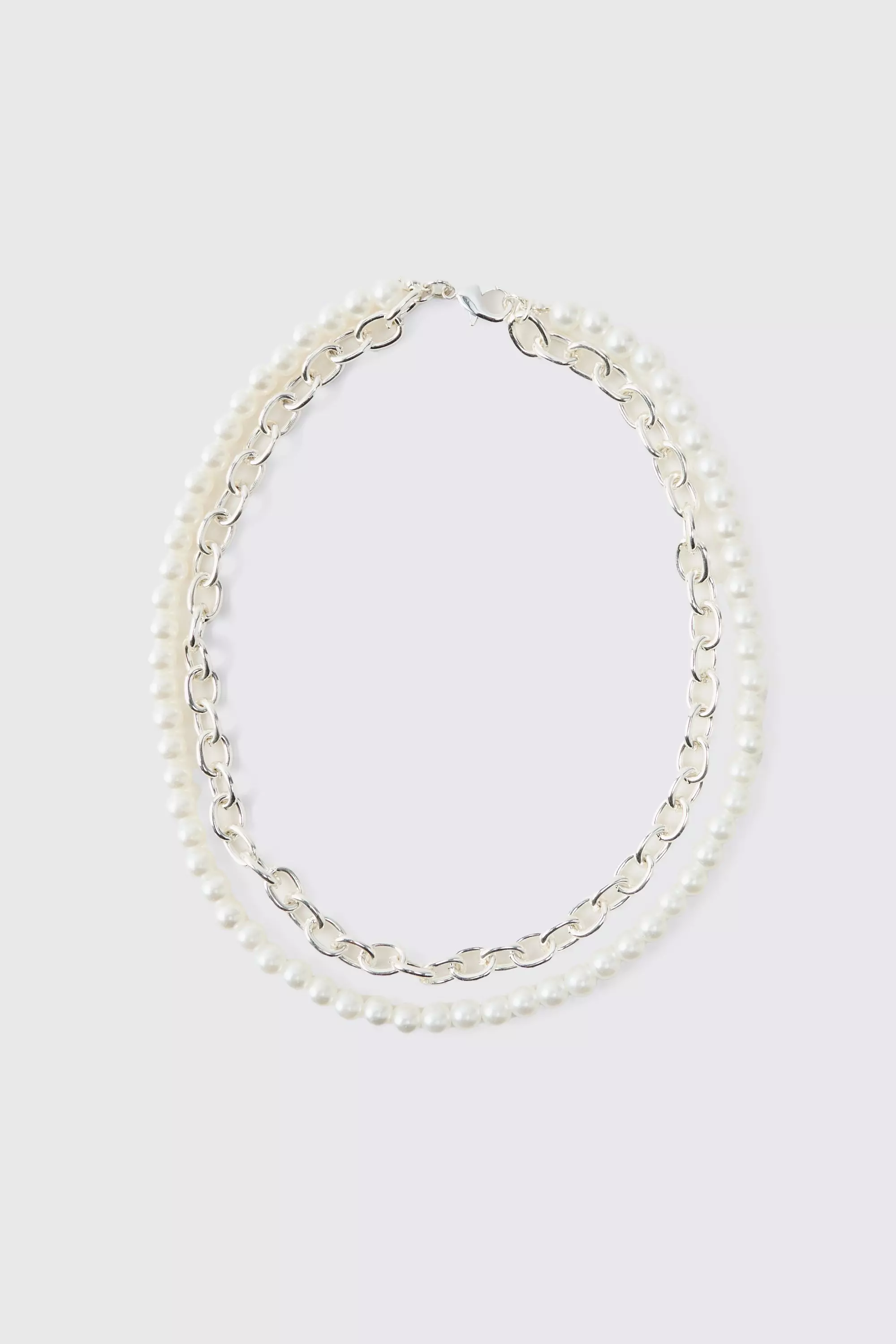 Layered Pearl and Chain Necklace White