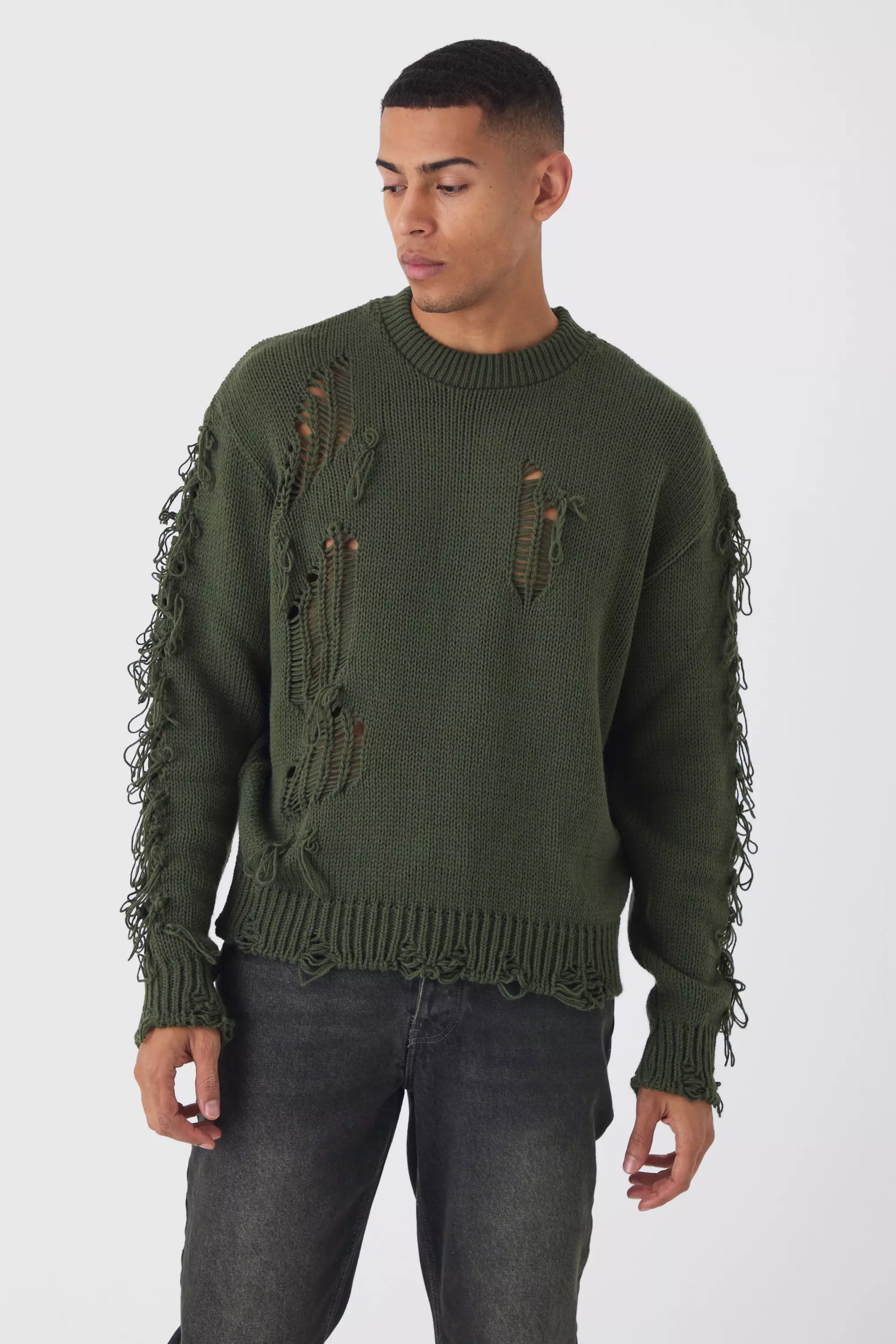 Oversized Distressed Sleeve Knitted Sweater Khaki