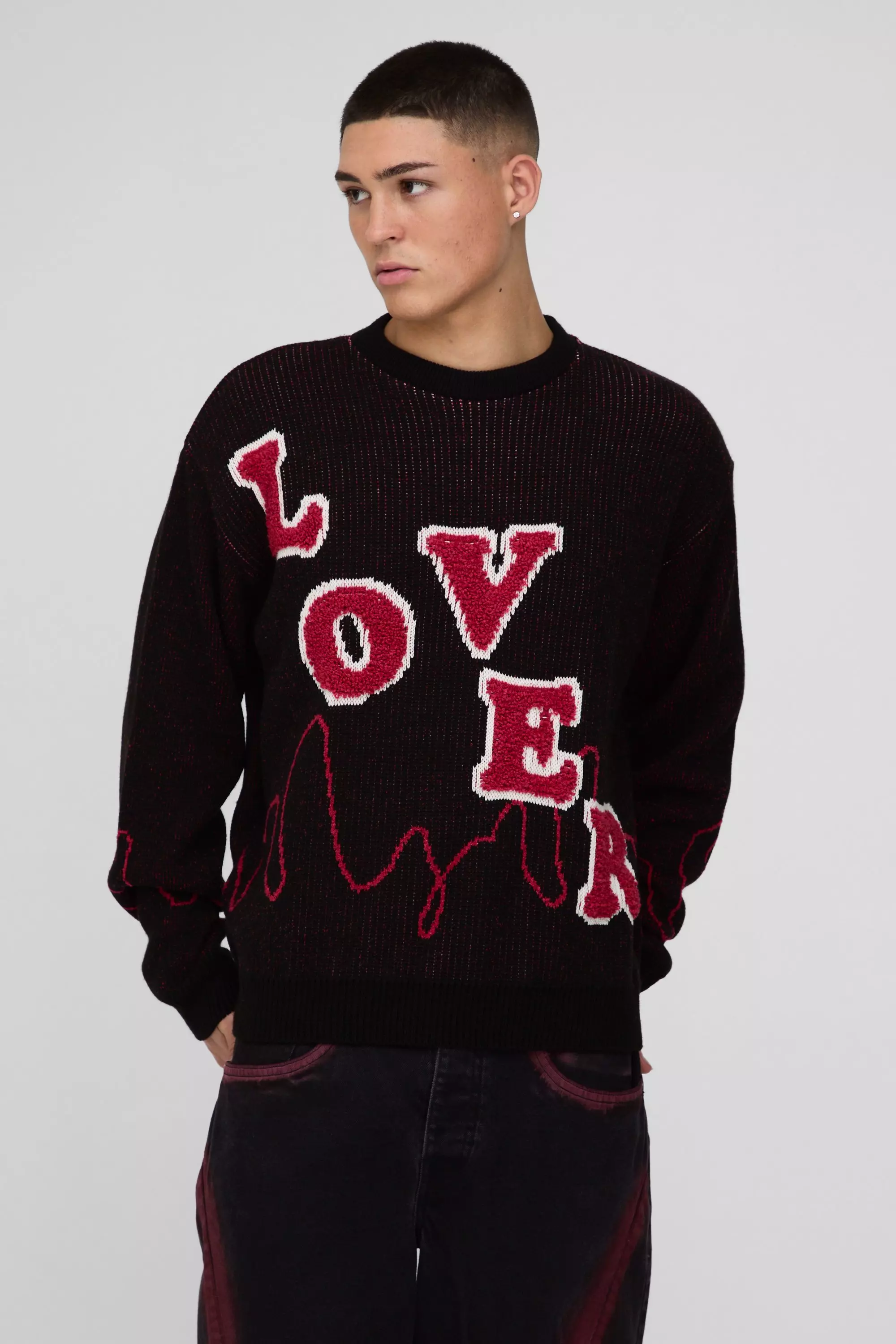 Oversized Boxy Lover Textured Knitted Jumper Black