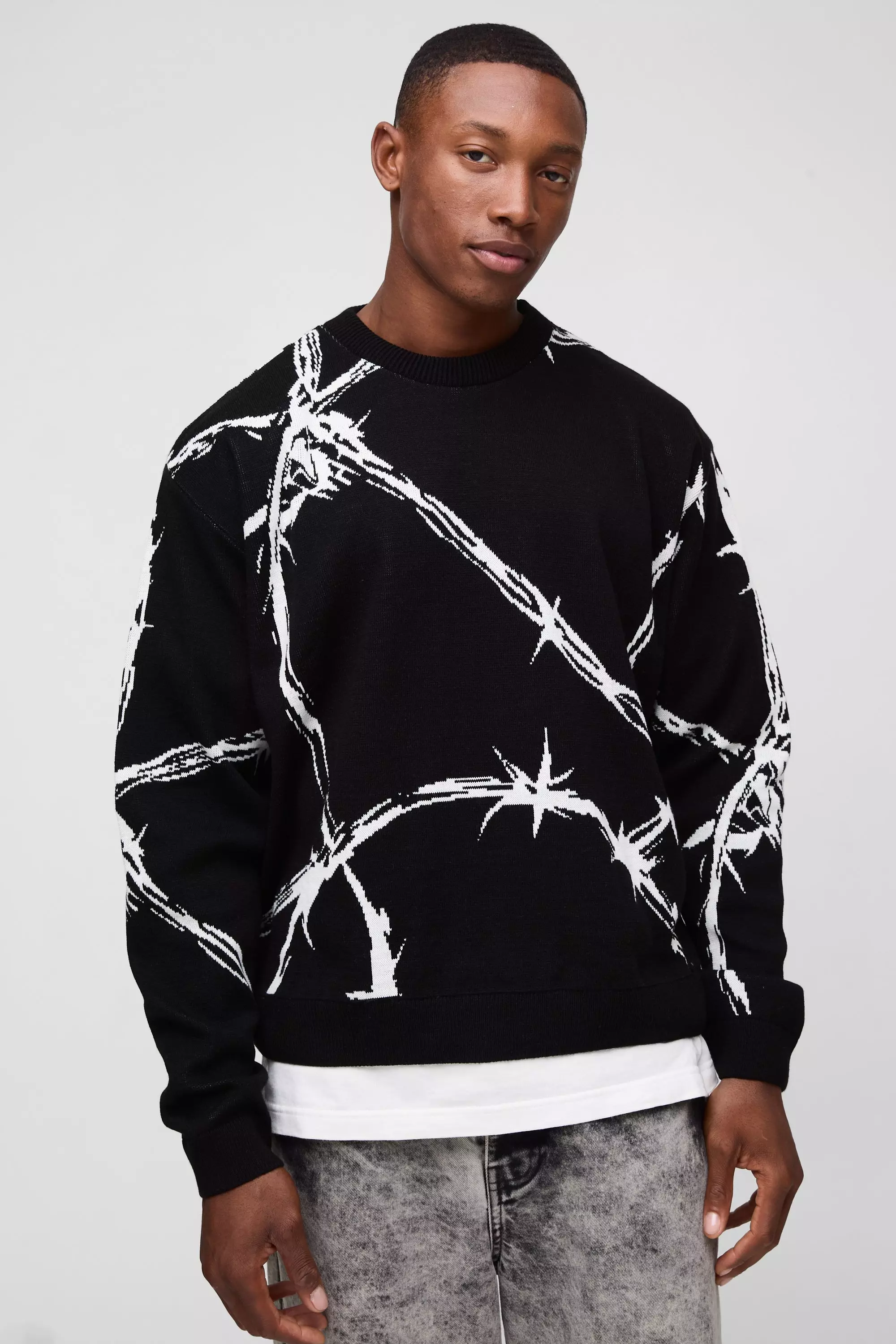 Oversized Boxy Barbed Wire Jacquard Knitted Jumper Black