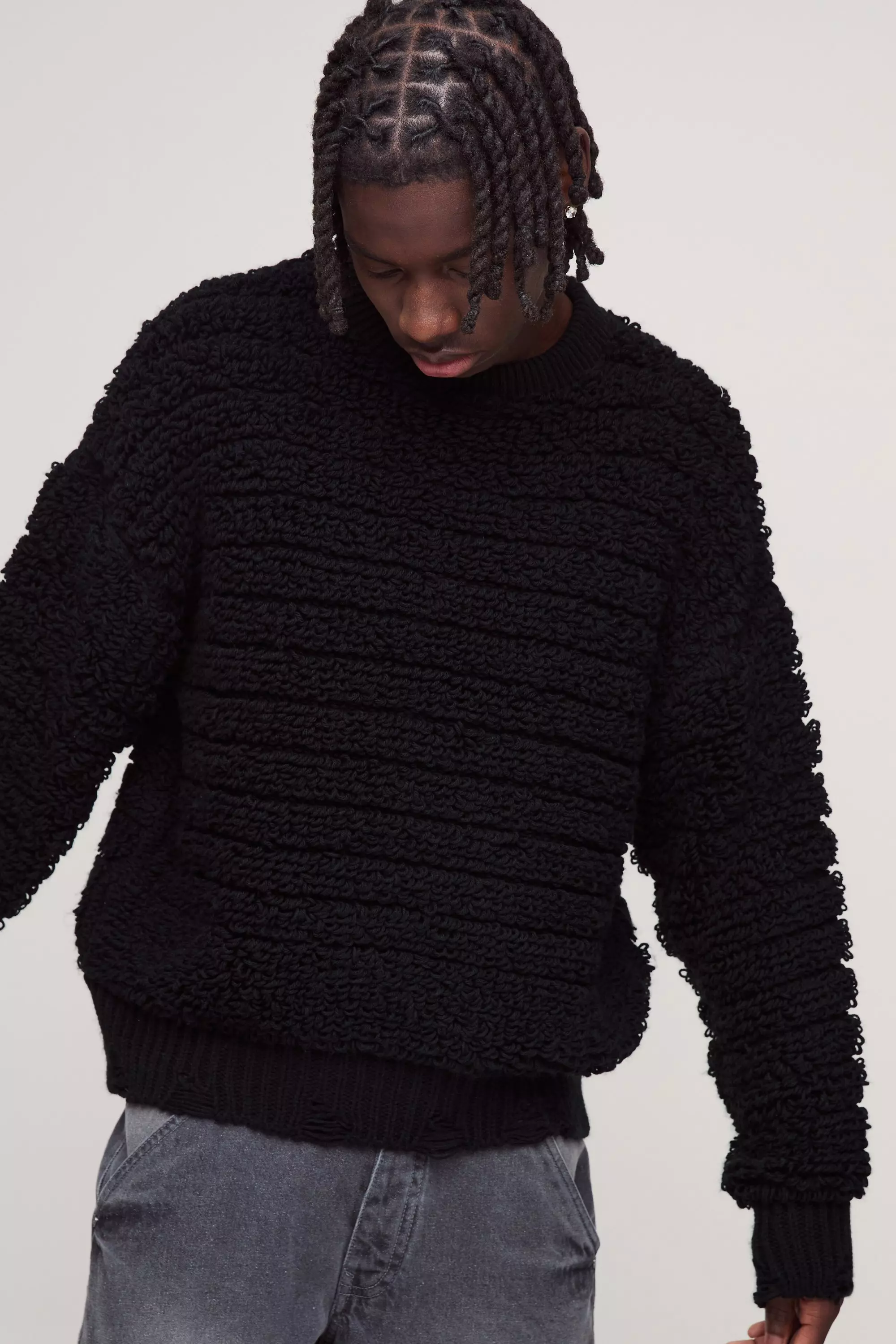 Oversized Boxy Distressed Textured Knitted Sweater Black