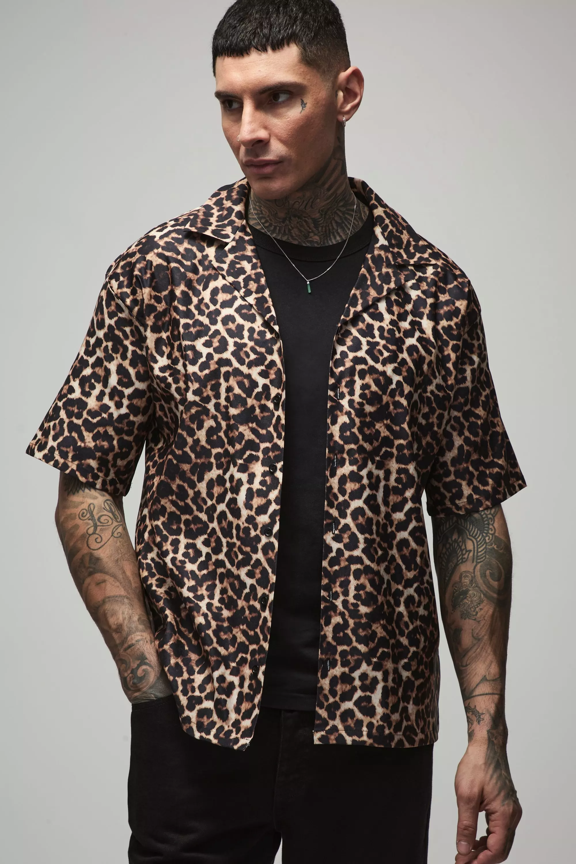 BoohooMAN Mens Tall Oversized Boxy Leopard Print Shirt Brown