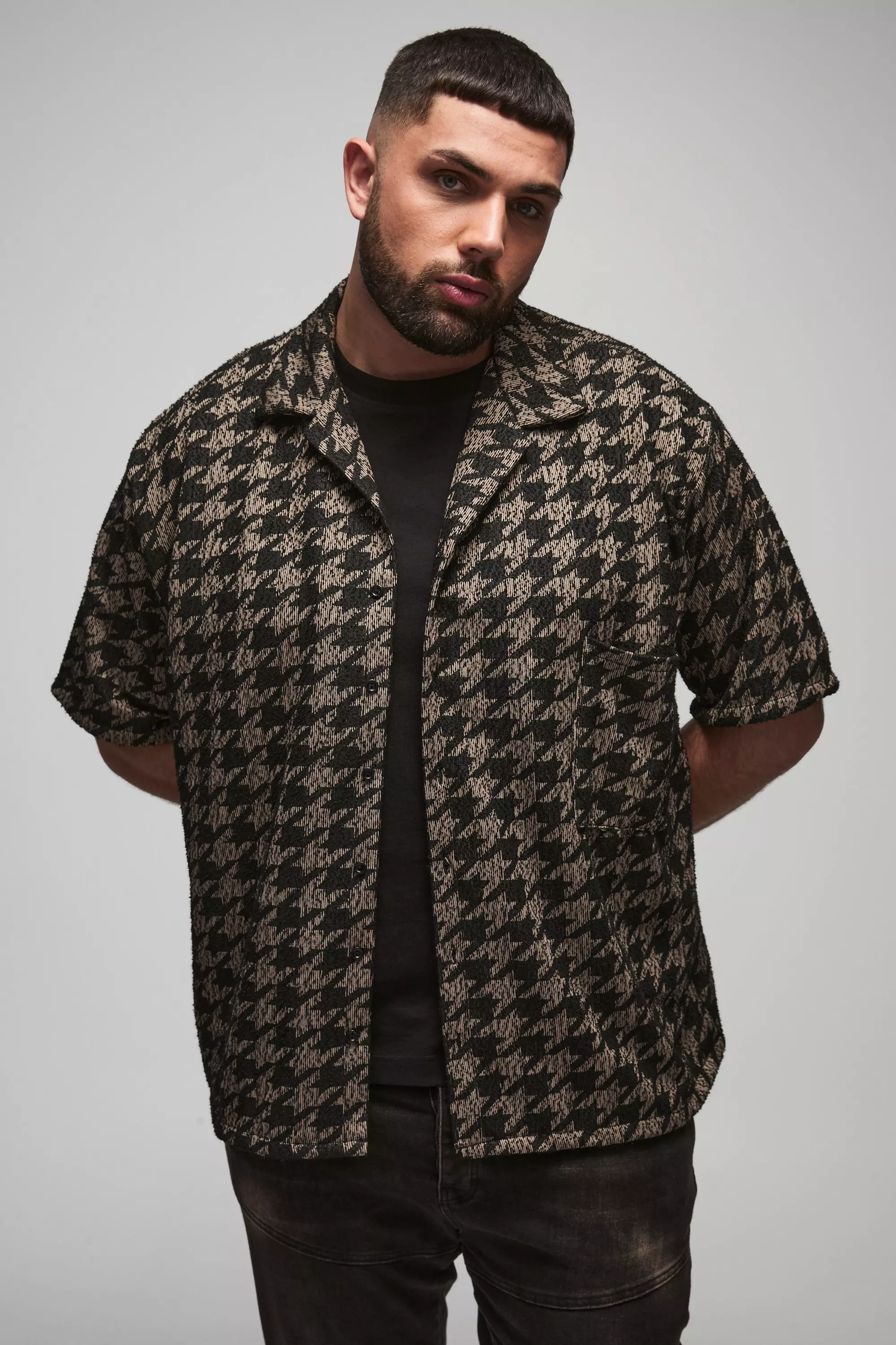 Plus Oversized Dogtooth Boucle Shirt Charcoal