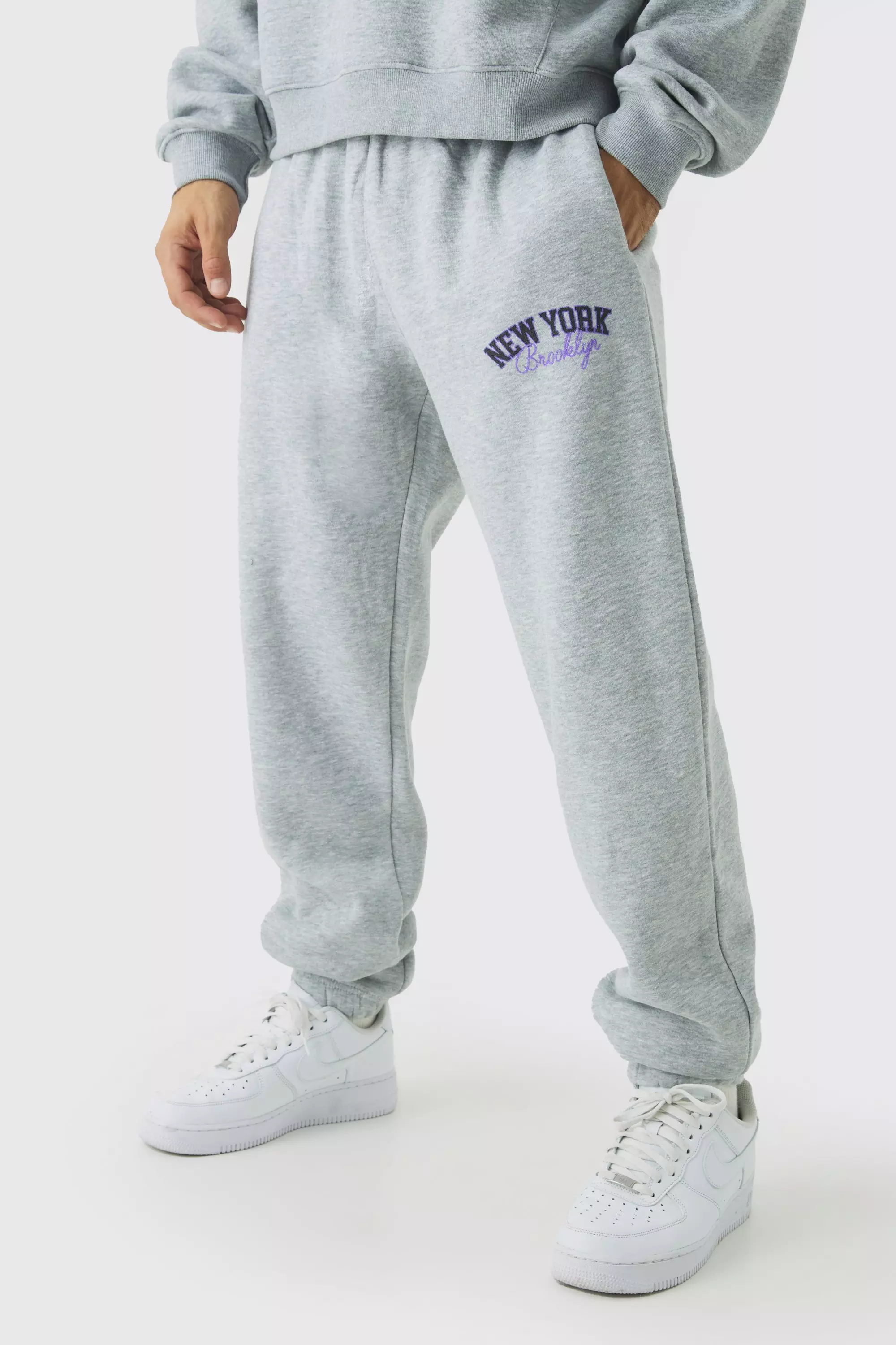 Grey Oversized New York Varsity Cuffed Sweatpants