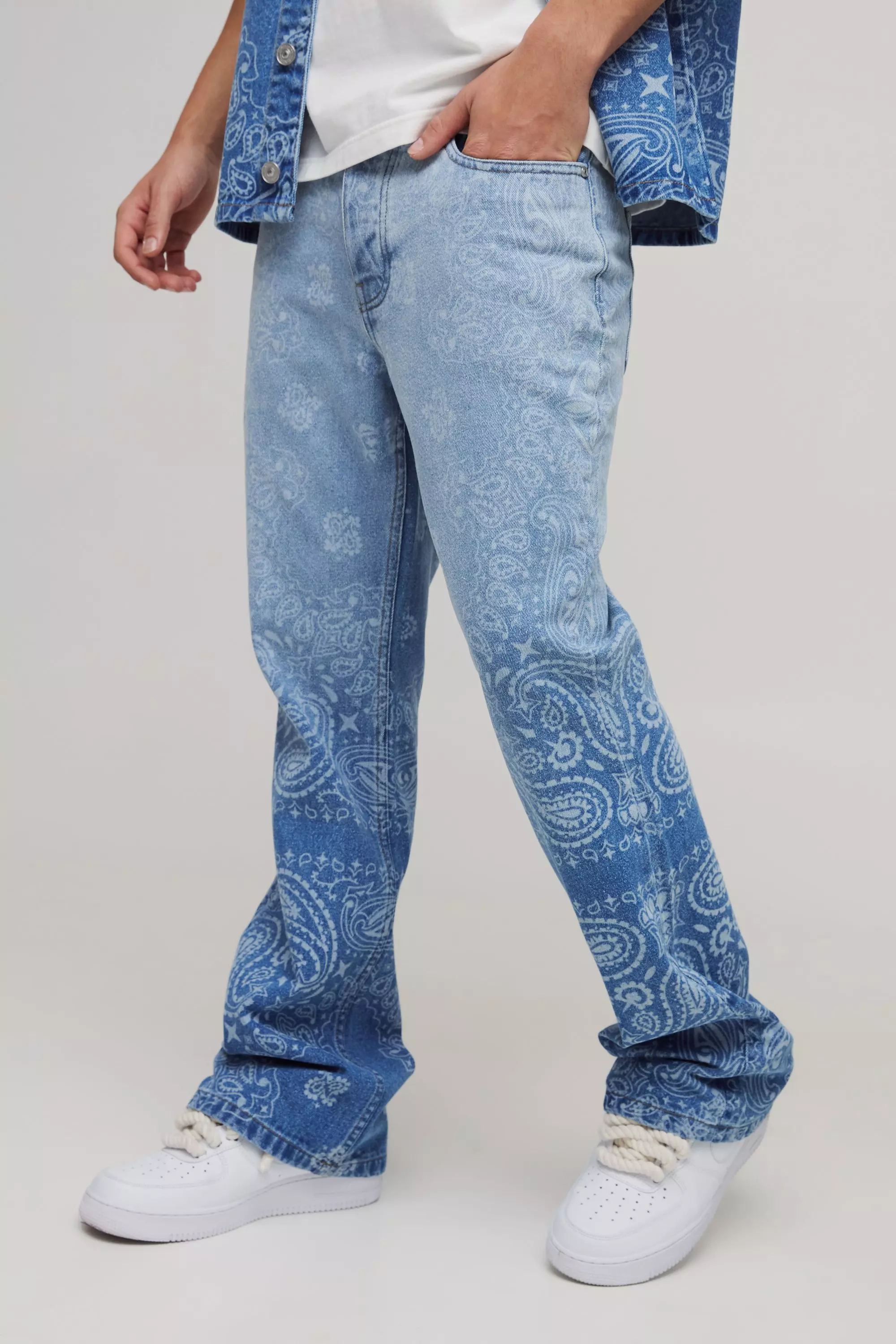 Blue Slim Flared Bandana Laser Print Jeans