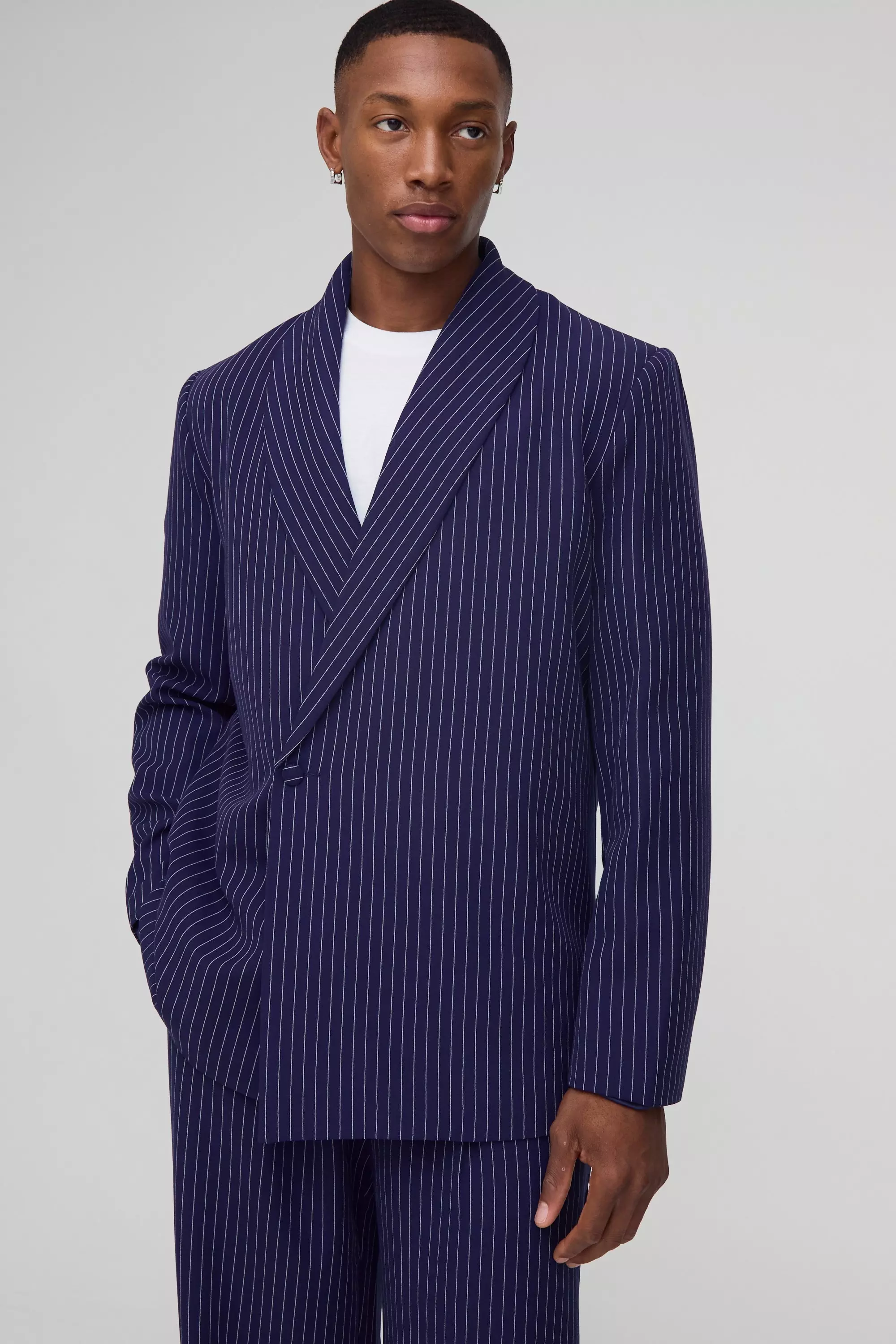 Navy Relaxed Fit Asymmetrical Pinstripe Blazer