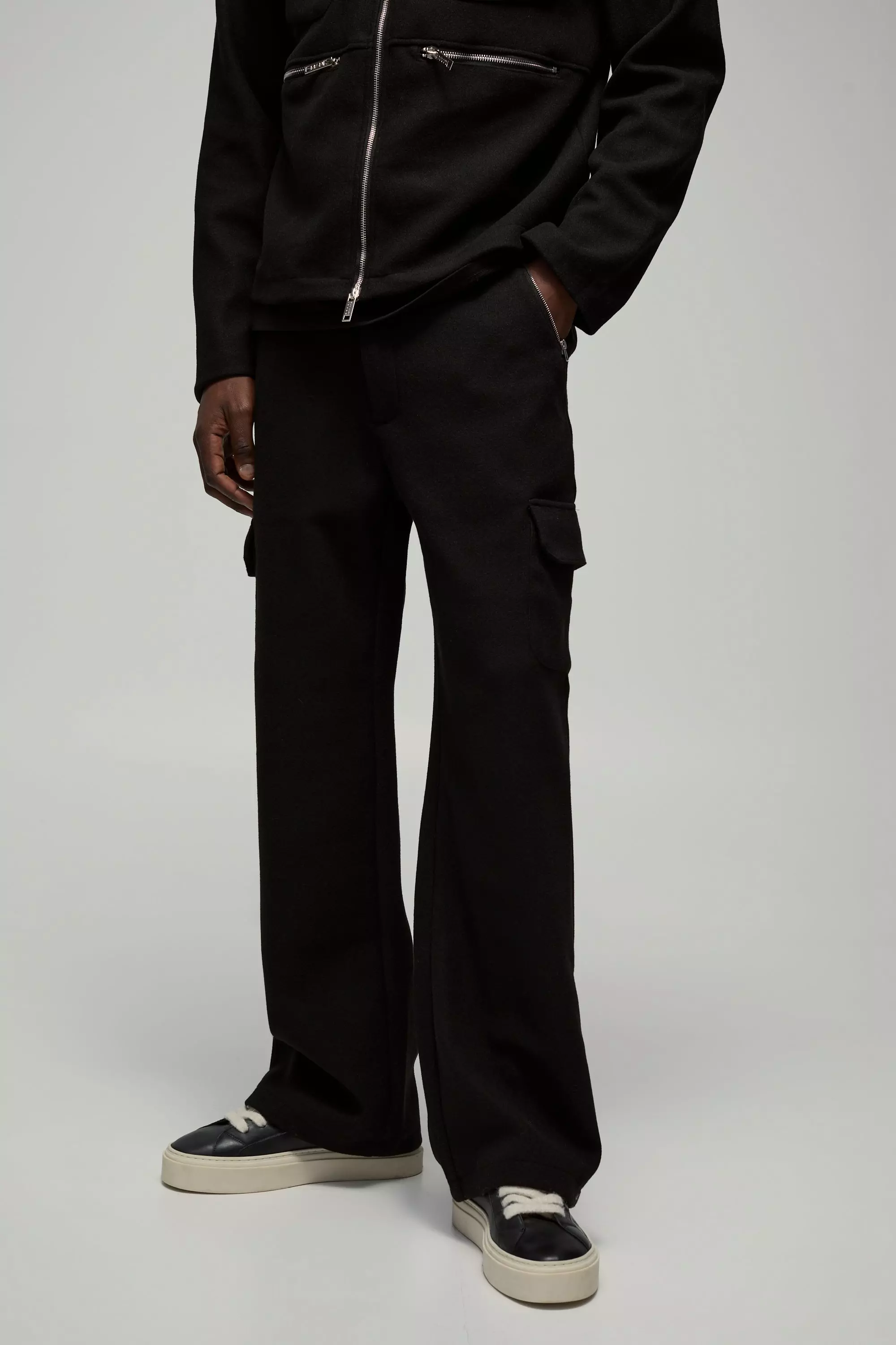Black Relaxed Fit Wool Look Fixed Waistband Trousers alternative image