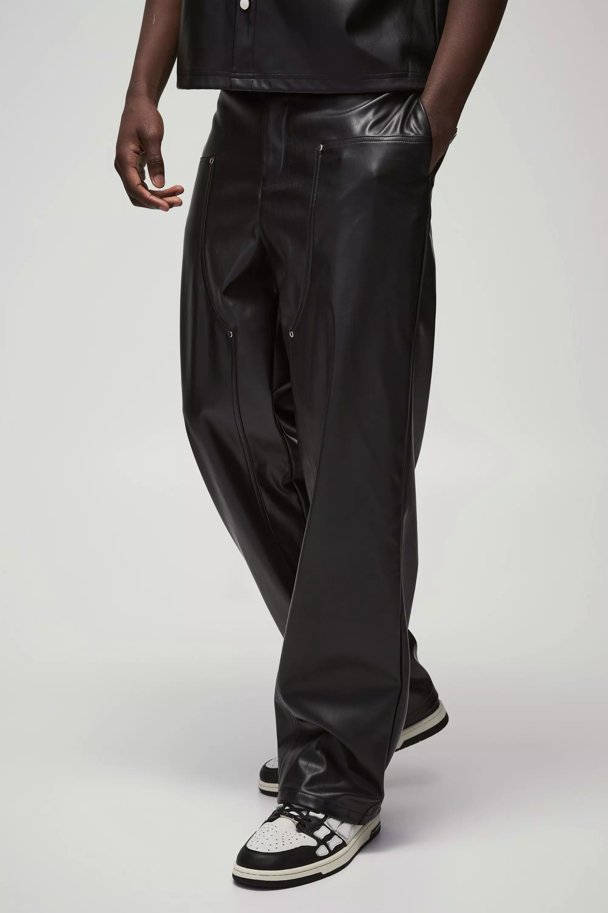 Black Baggy PU Utility Broek Met Tailleband En Paneel alternatieve afbeelding