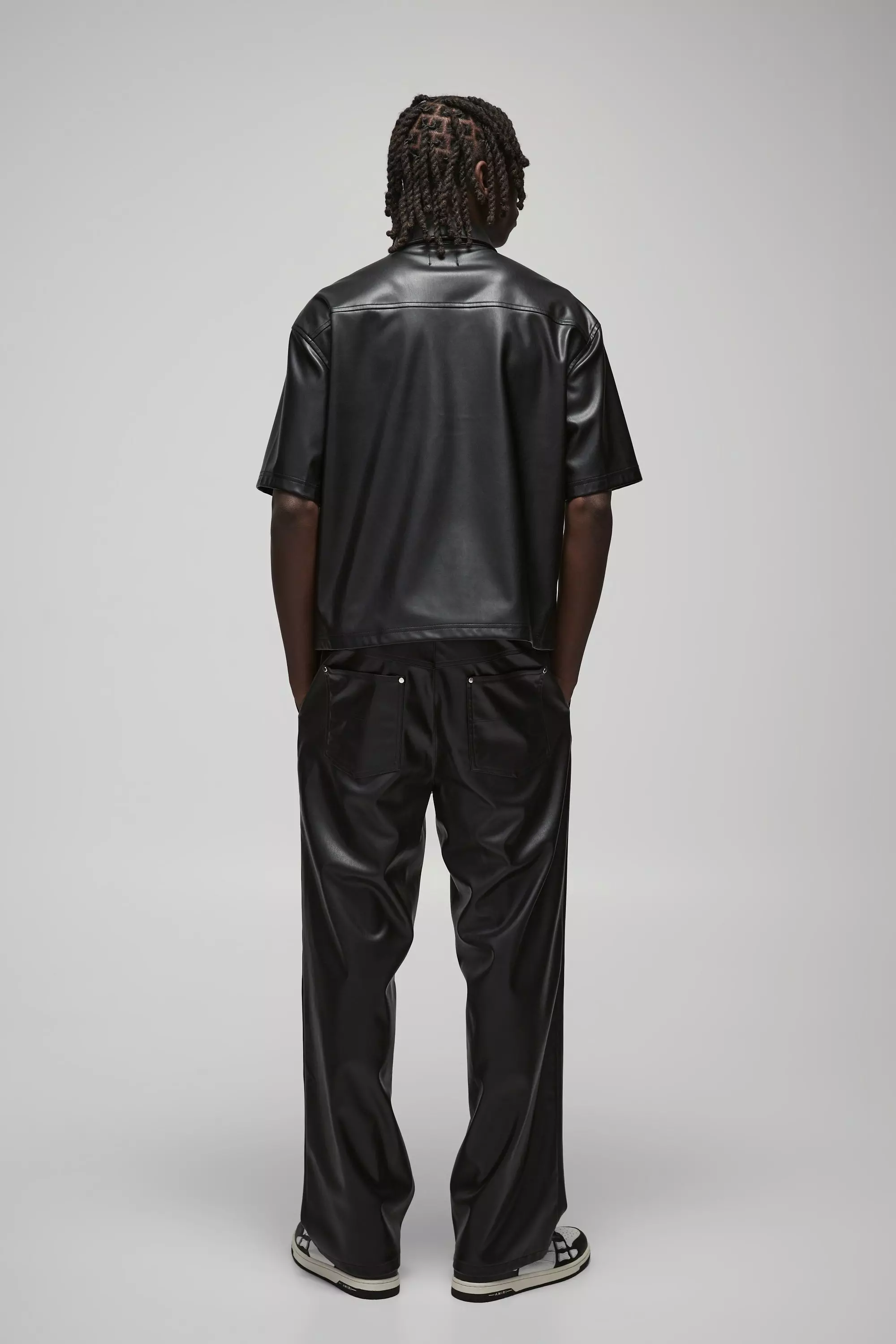 Black Baggy PU Utility Broek Met Tailleband En Paneel alternatieve afbeelding