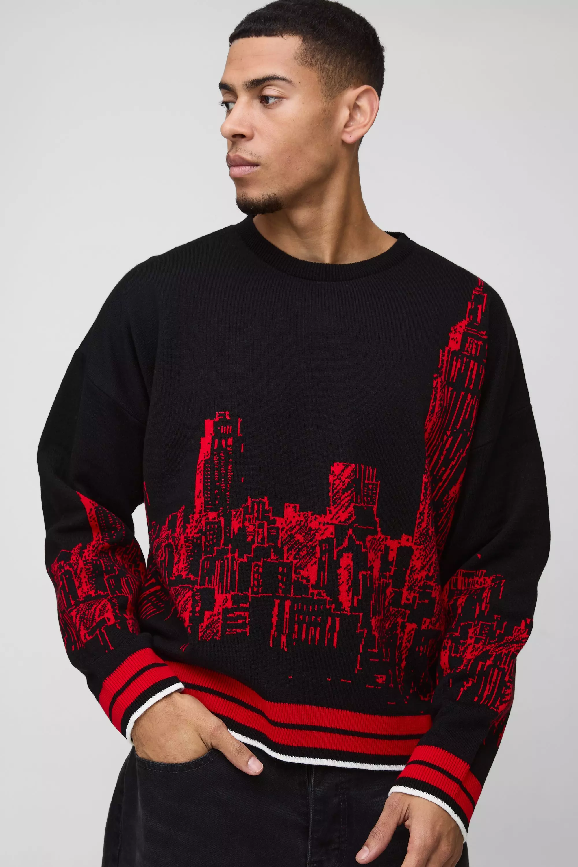 Black Boxy City Jacquard Graphic Brushed Knitted Sweater