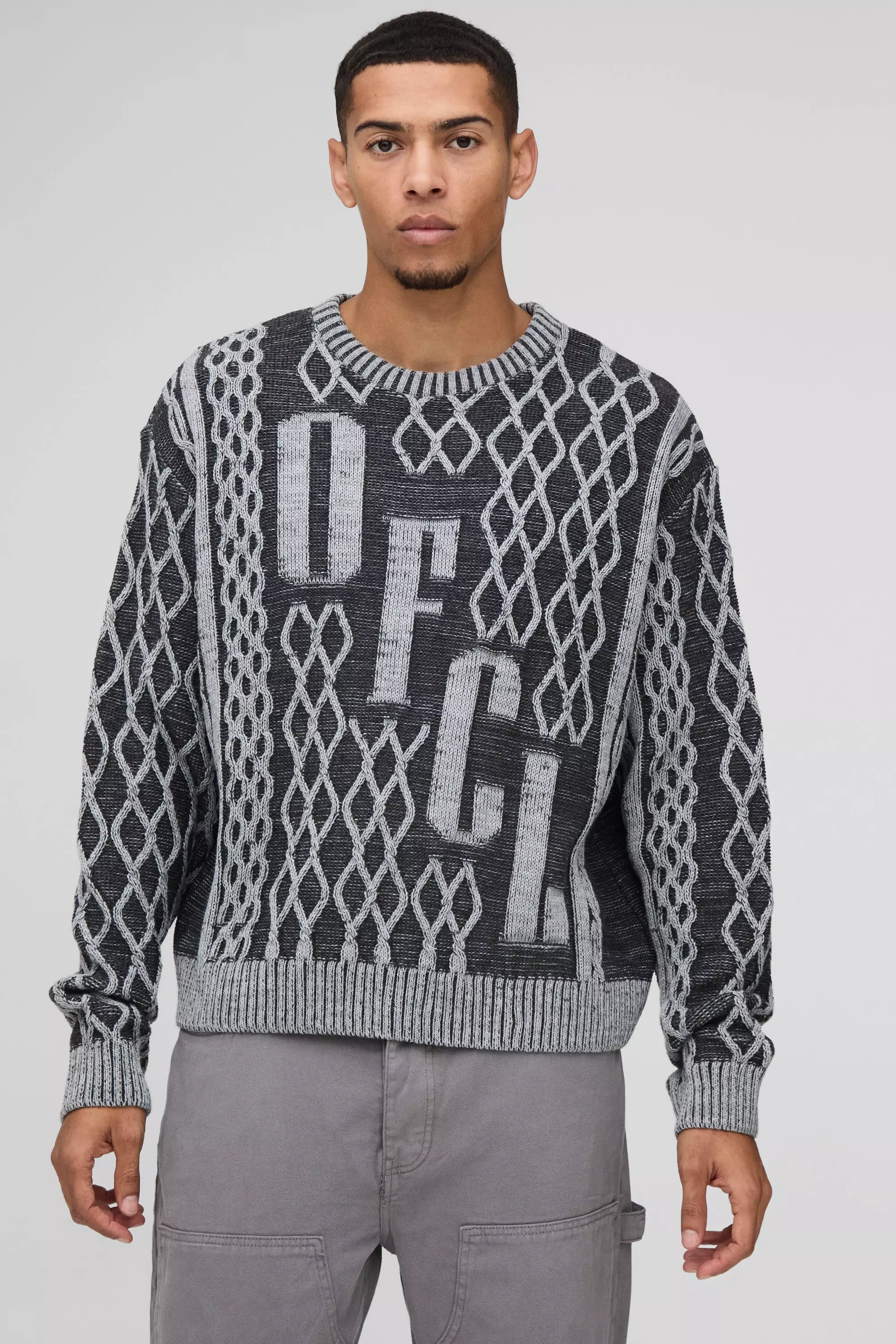 Oversized Boxy OFCL Contrast Knitted Jumper Charcoal