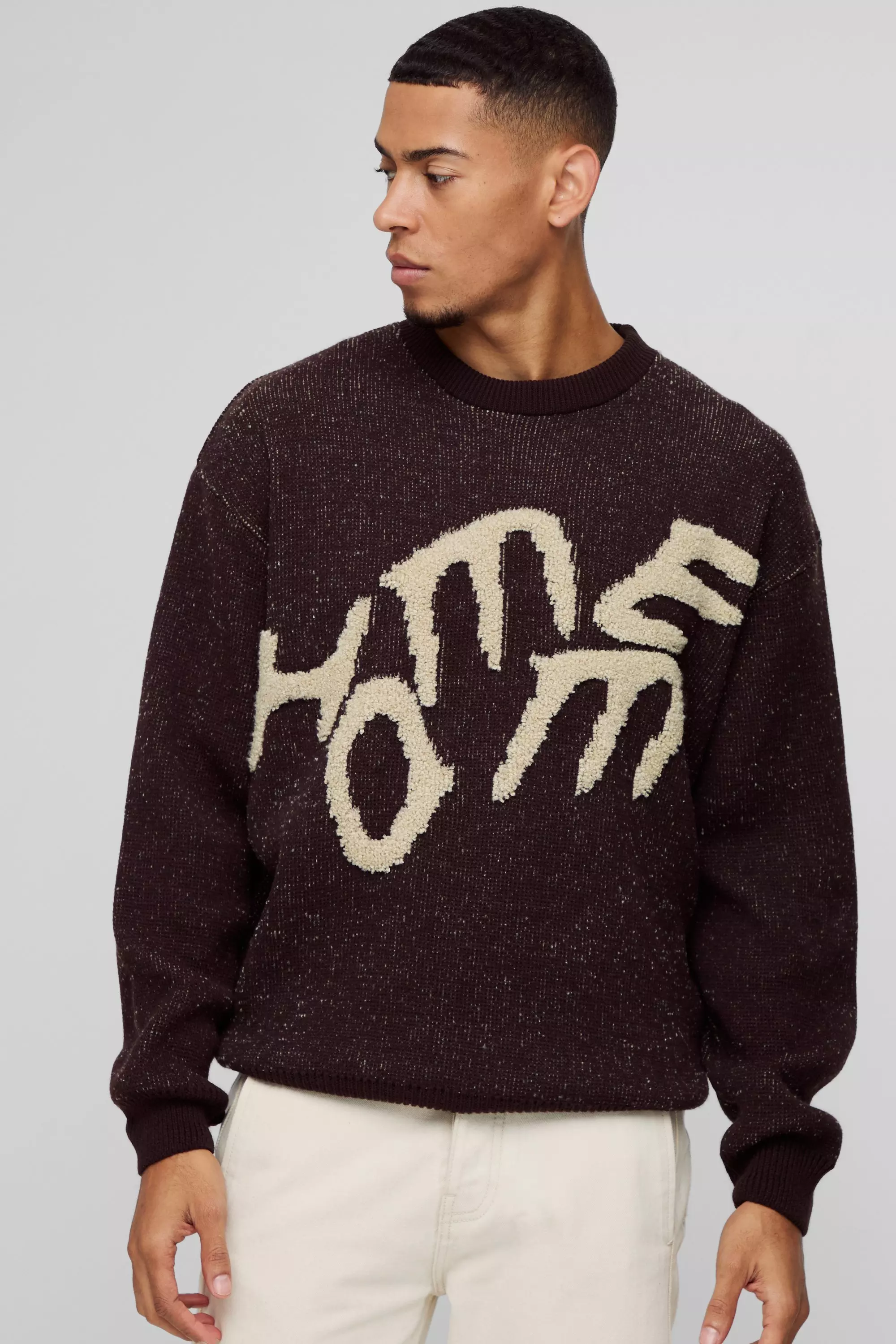 Oversized Fluffy Graphic Homme Knitted Jumper Charcoal