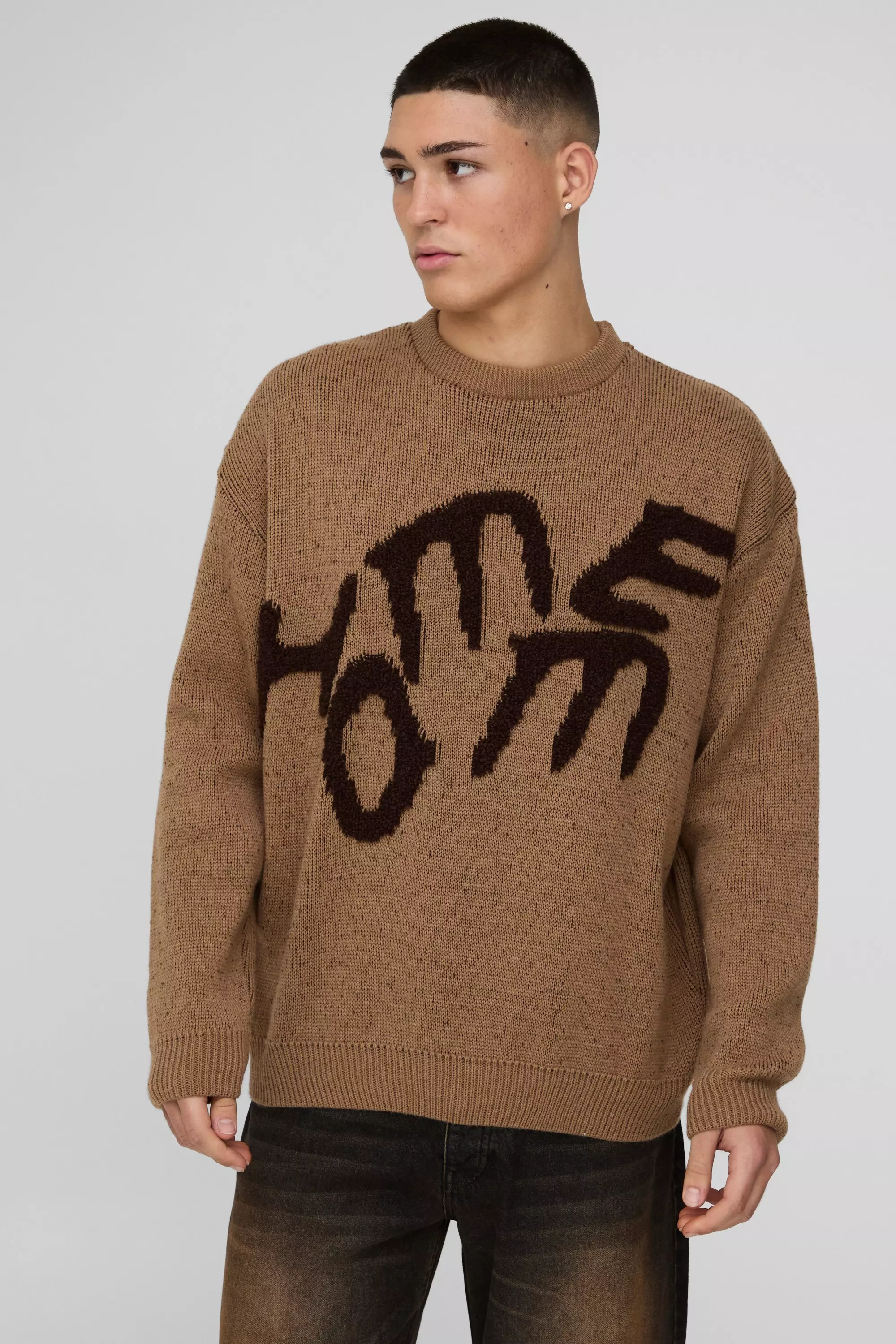 Taupe Oversized Fluffy Graphic Homme Knitted Sweater alternative image