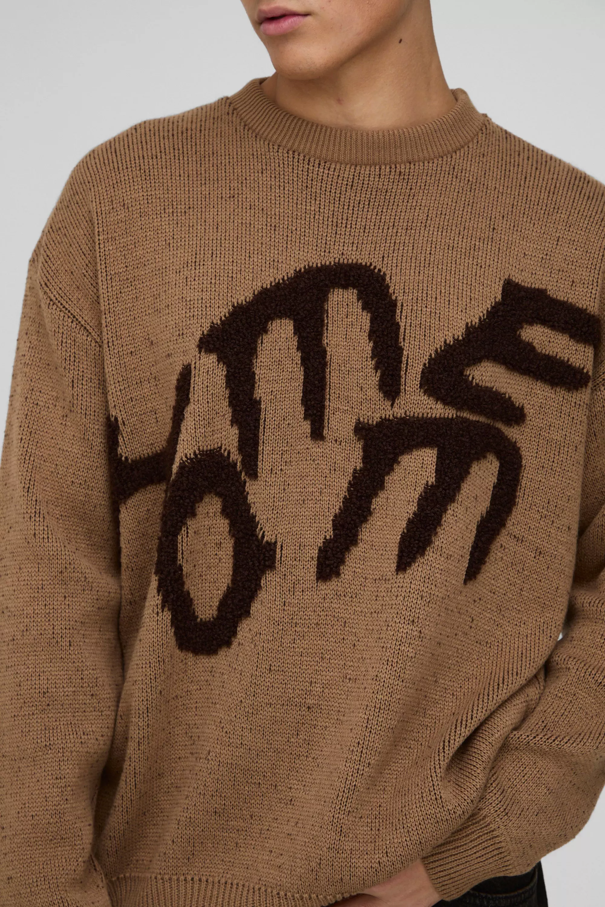 Taupe Oversized Fluffy Graphic Homme Knitted Sweater alternative image