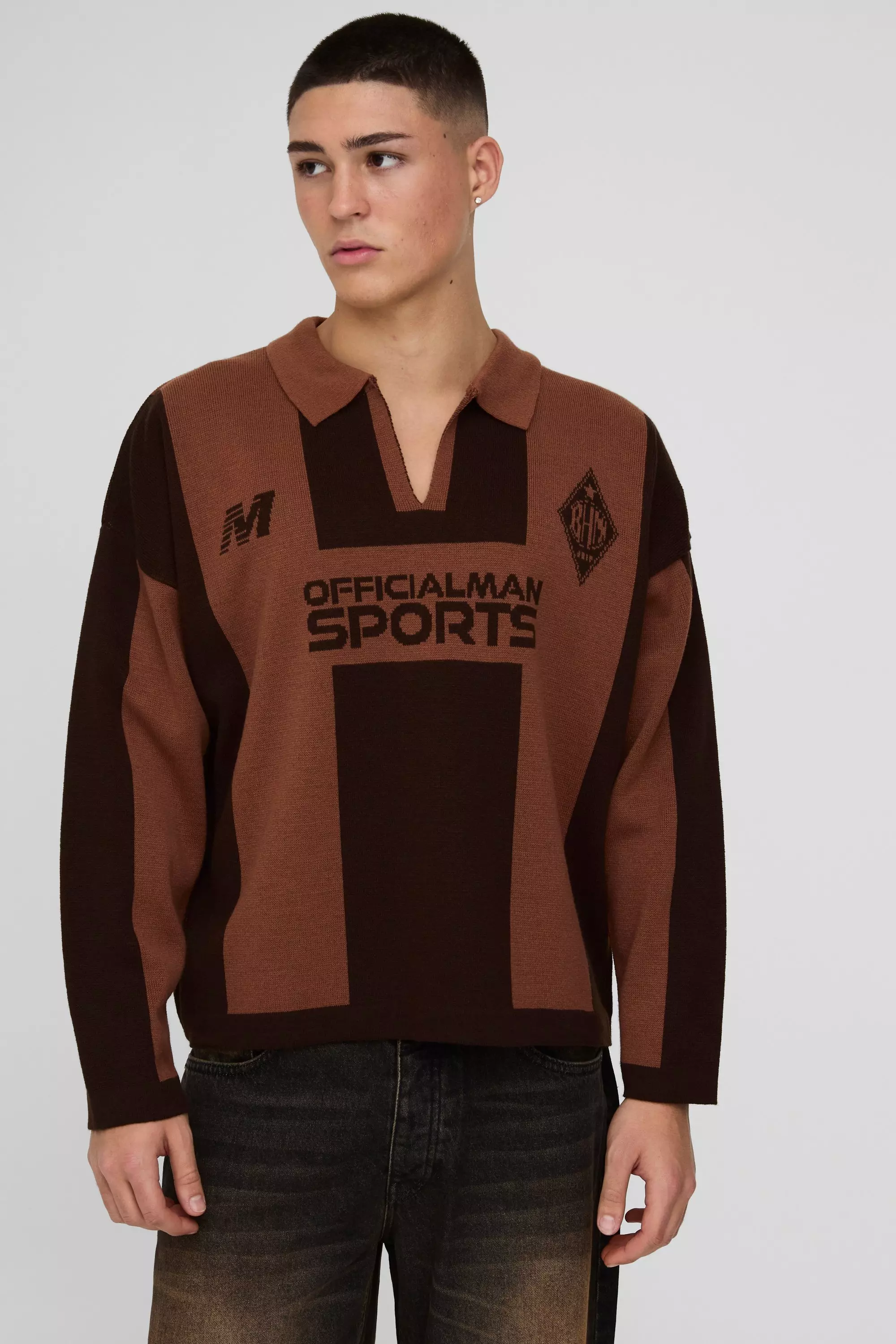 Boxy Moto Stripe Knitted Rugby Polo Taupe