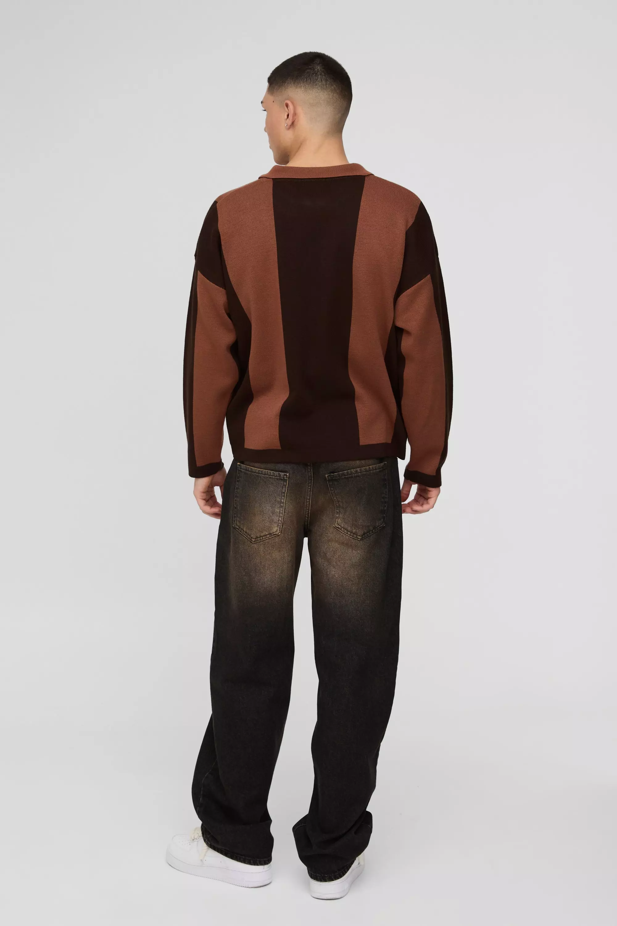 Taupe Boxy Moto Stripe Knitted Rugby Polo alternative image