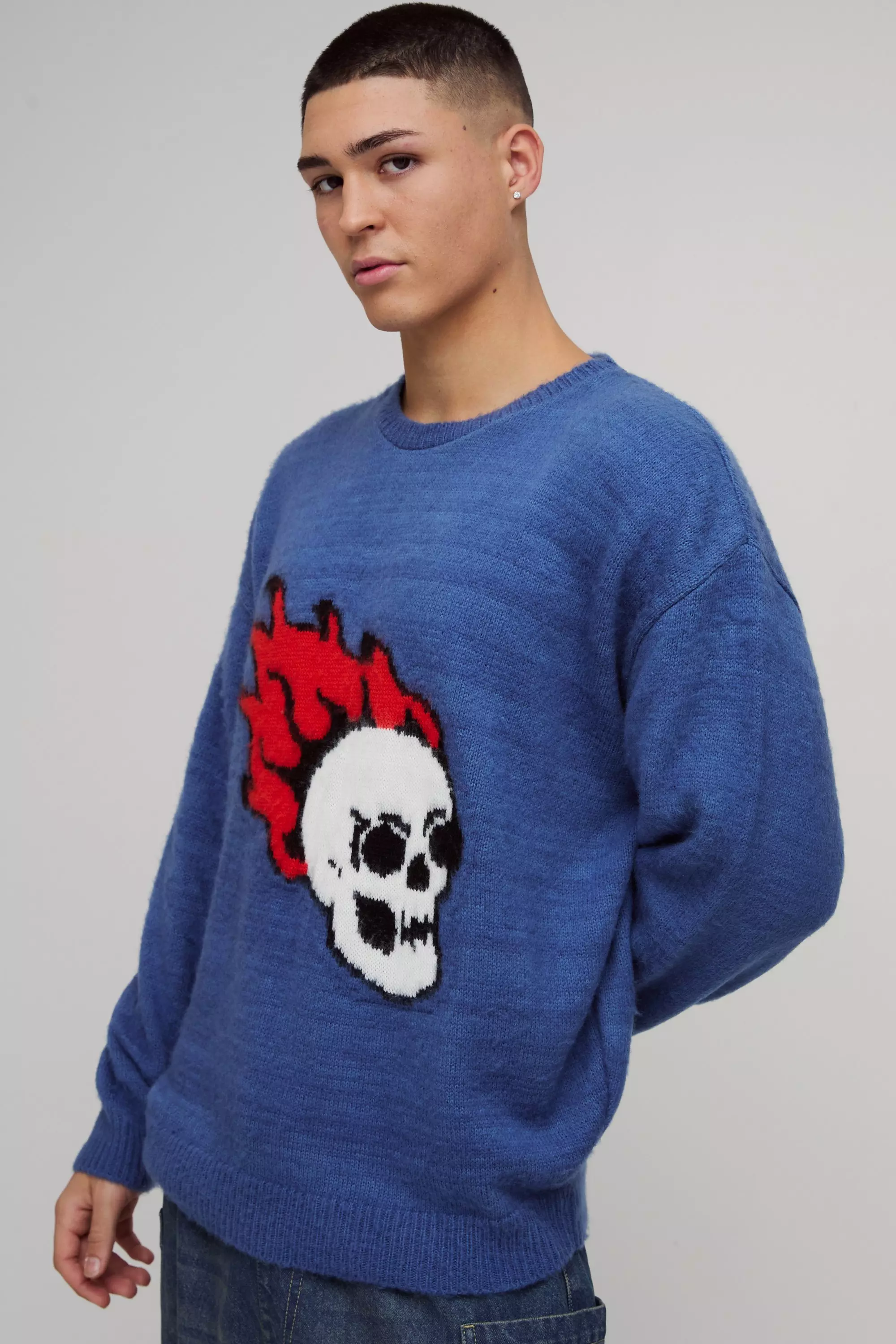 Oversized Skull Graphic Fluffy Knitted Jumper Blue