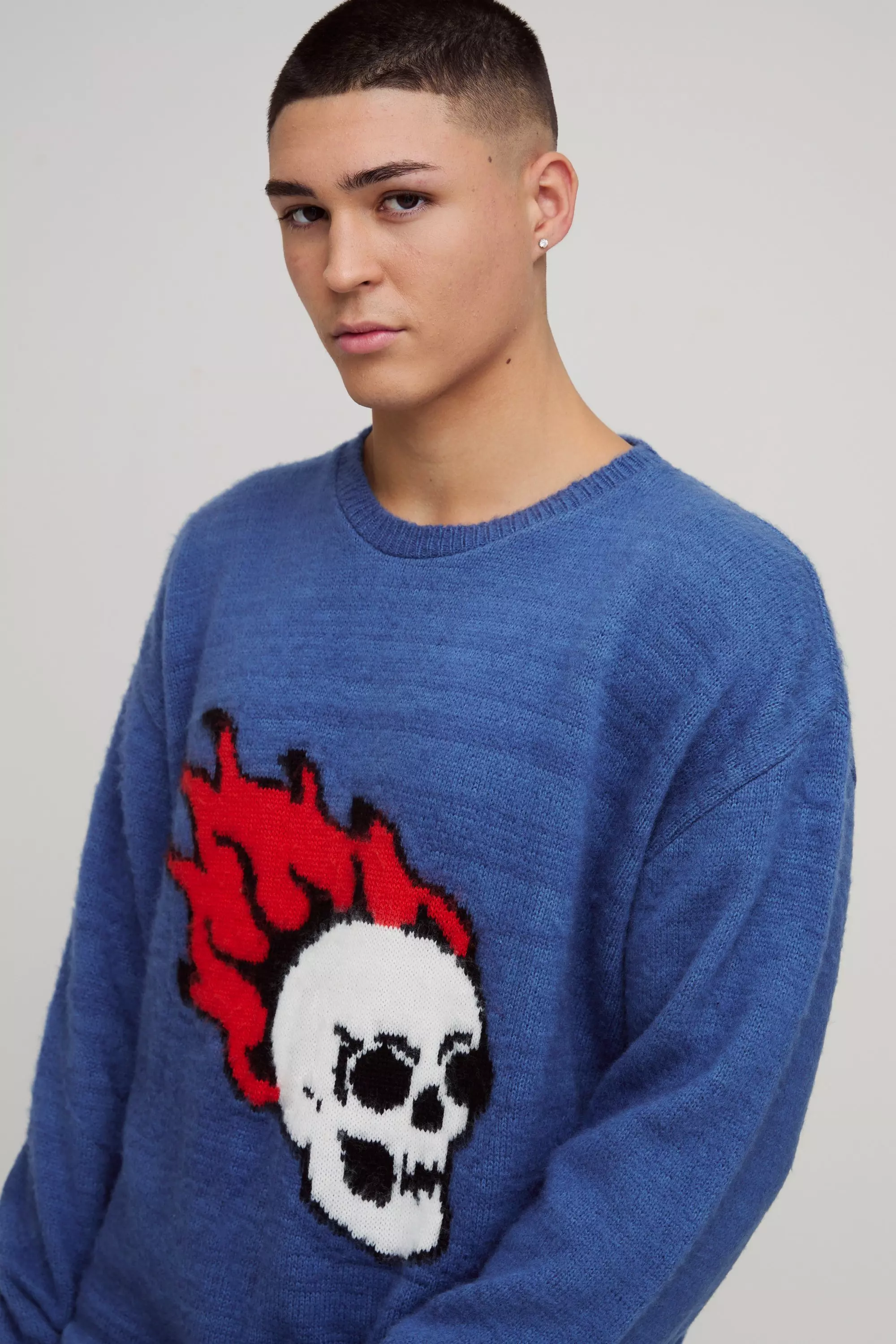 Blue Oversized Skull Graphic Fluffy Knitted Jumper alternative image