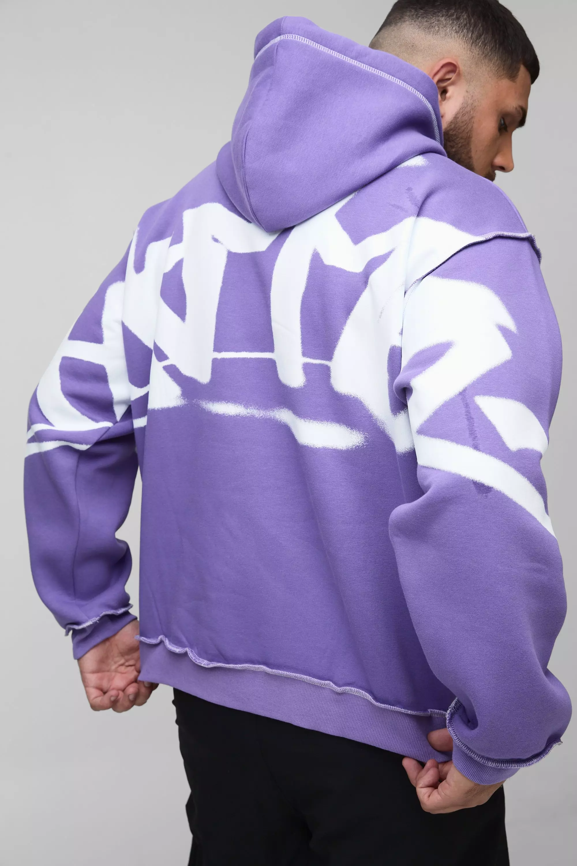 Plus Oversized Man Graffiti Rope Drawcord Hoodie Purple