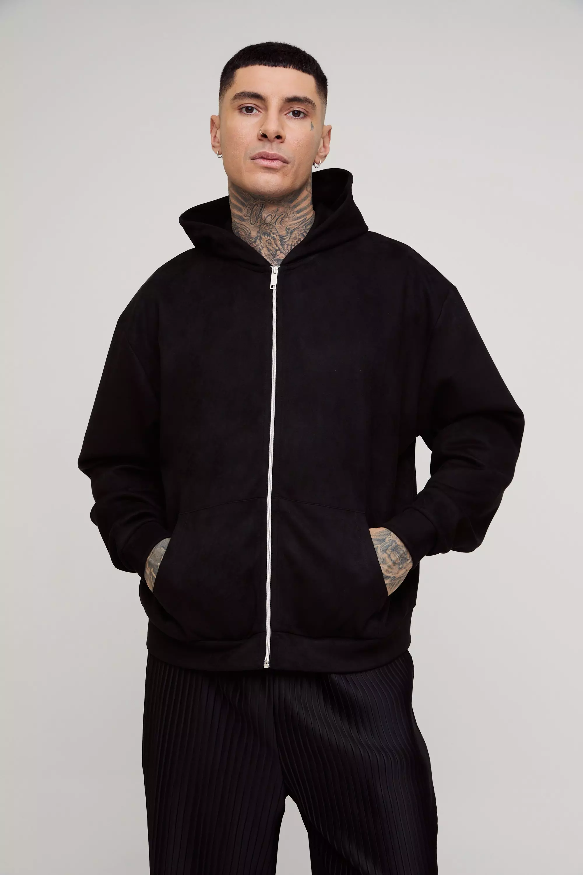 Black Tall Oversized Boxy Zip Thru Faux Suede Hoodie