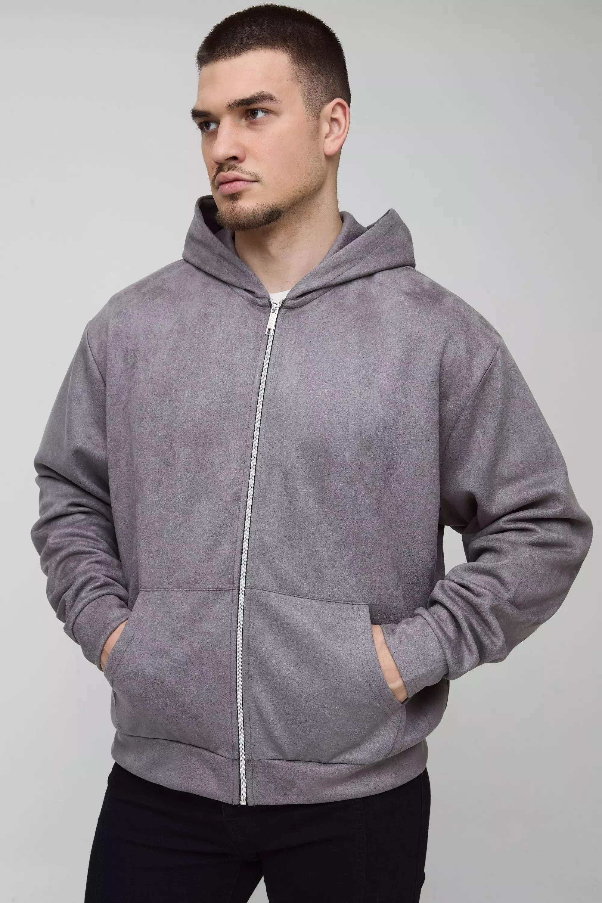 Tall Oversized Boxy Zip Thru Faux Suede Hoodie boohooMAN UK