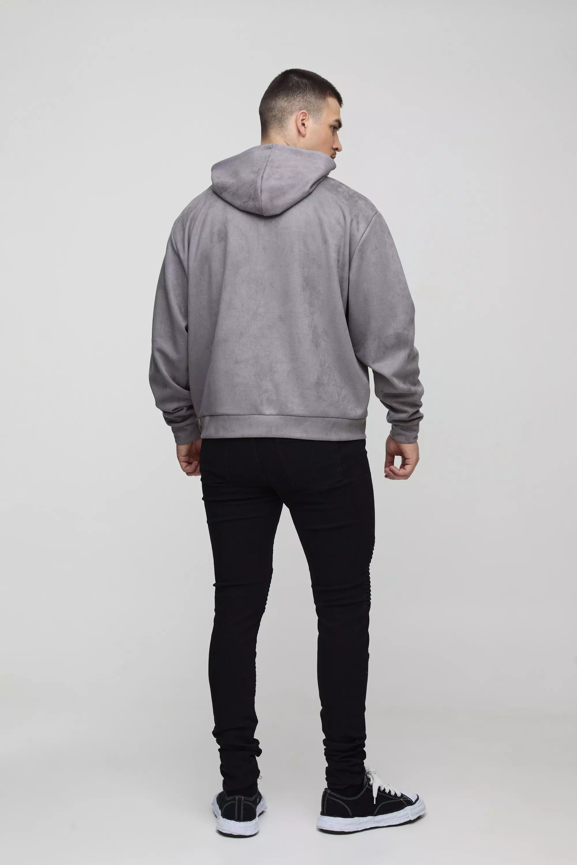 Charcoal Tall Oversized Boxy Zip Thru Faux Suede Hoodie alternative image