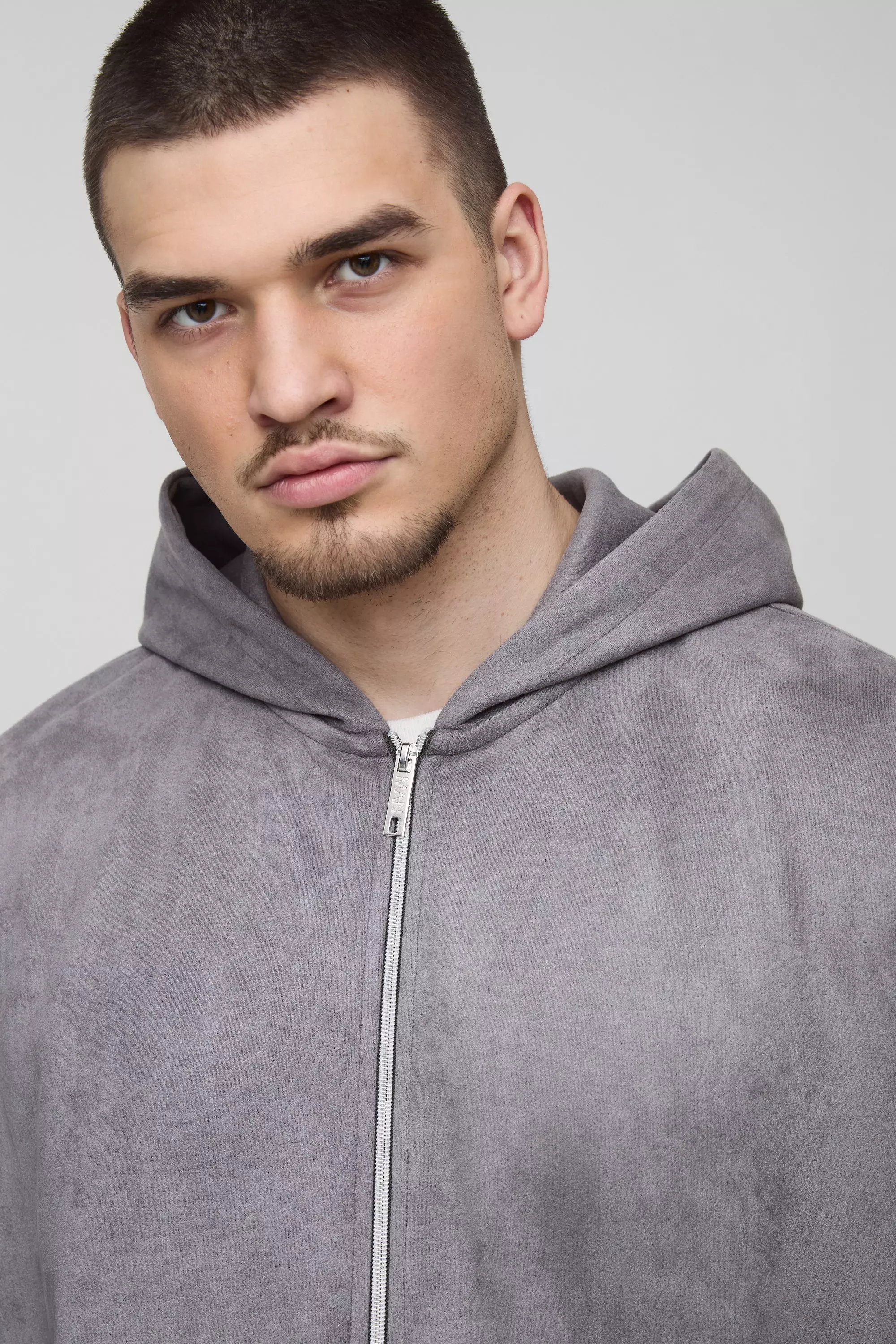 Charcoal Tall Oversized Boxy Zip Thru Faux Suede Hoodie alternative image