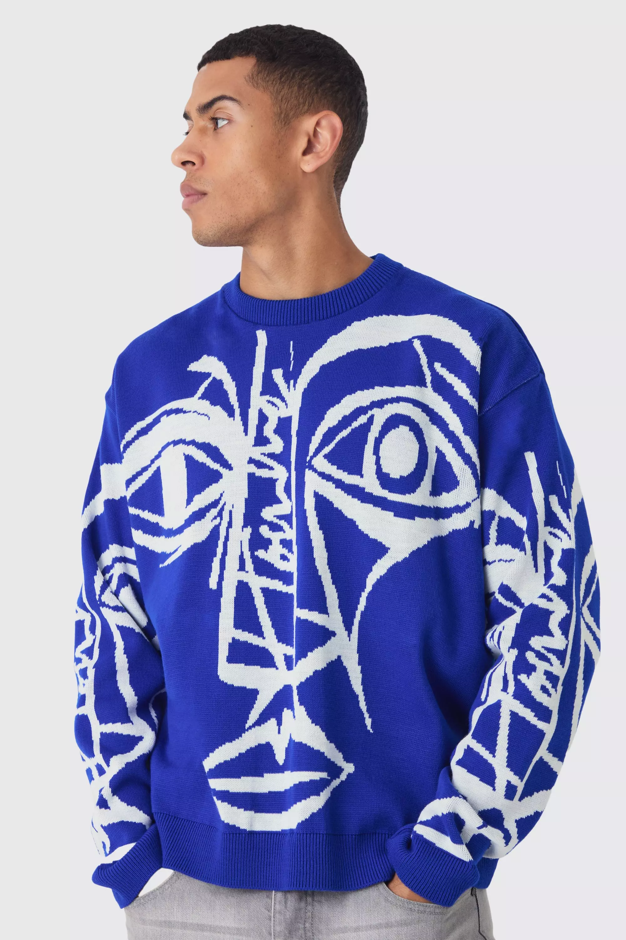 Oversized Boxy Abstract Line Face Knitted Sweater Cobalt