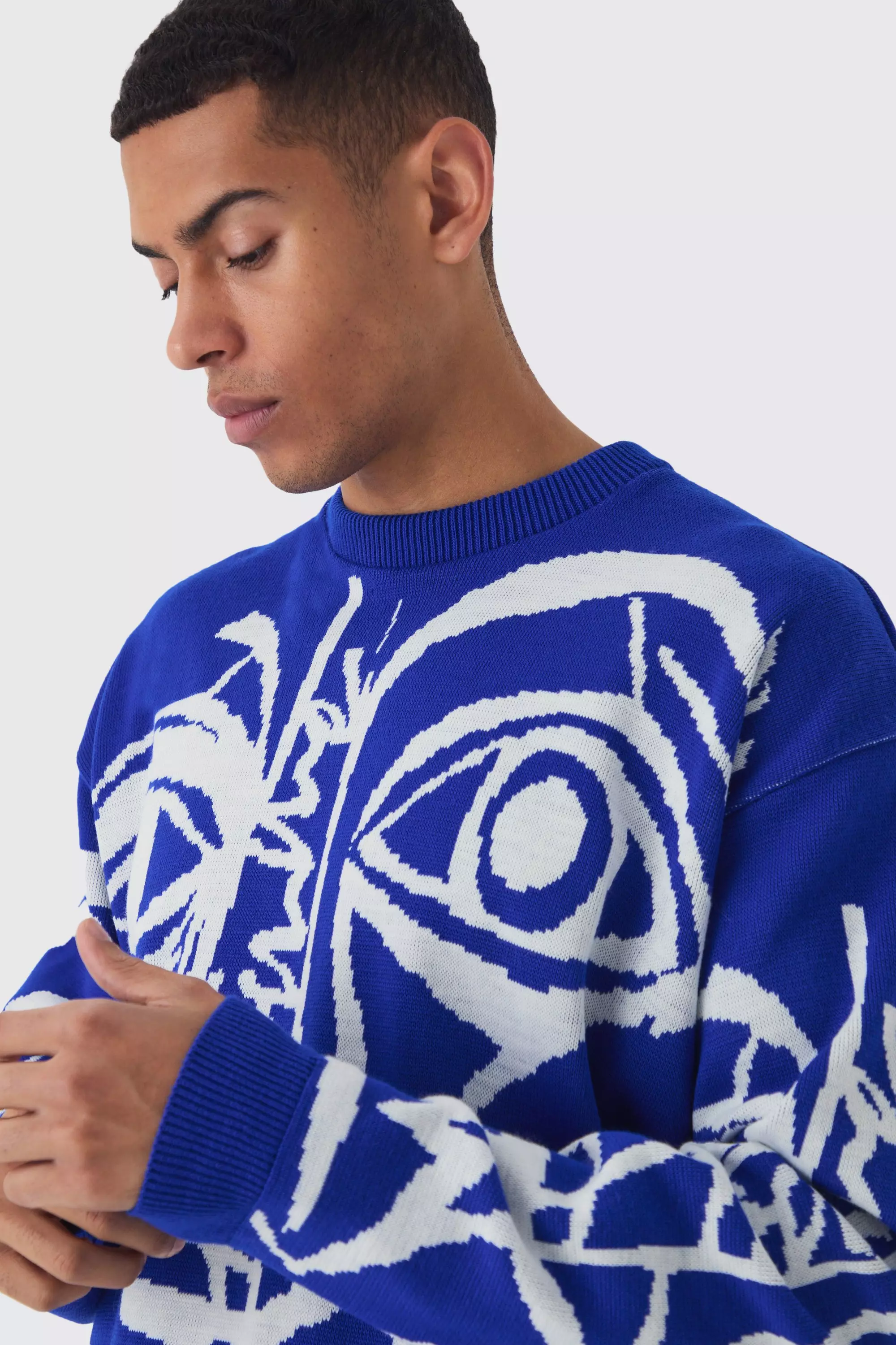 Cobalt Oversized Boxy Abstract Line Face Knitted Jumper alternative image