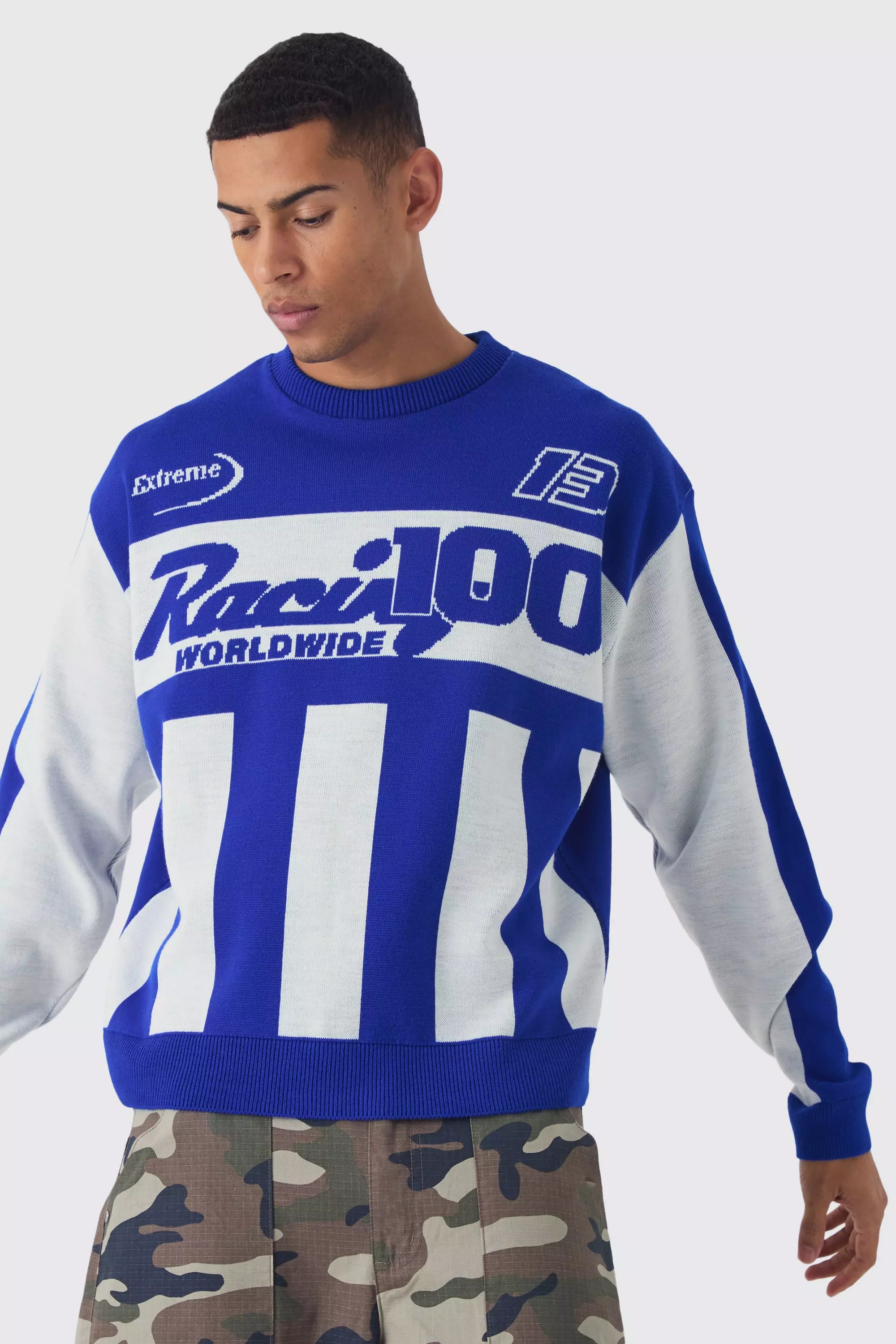 Pull oversize rayé en maille moto, Cobalt autre image